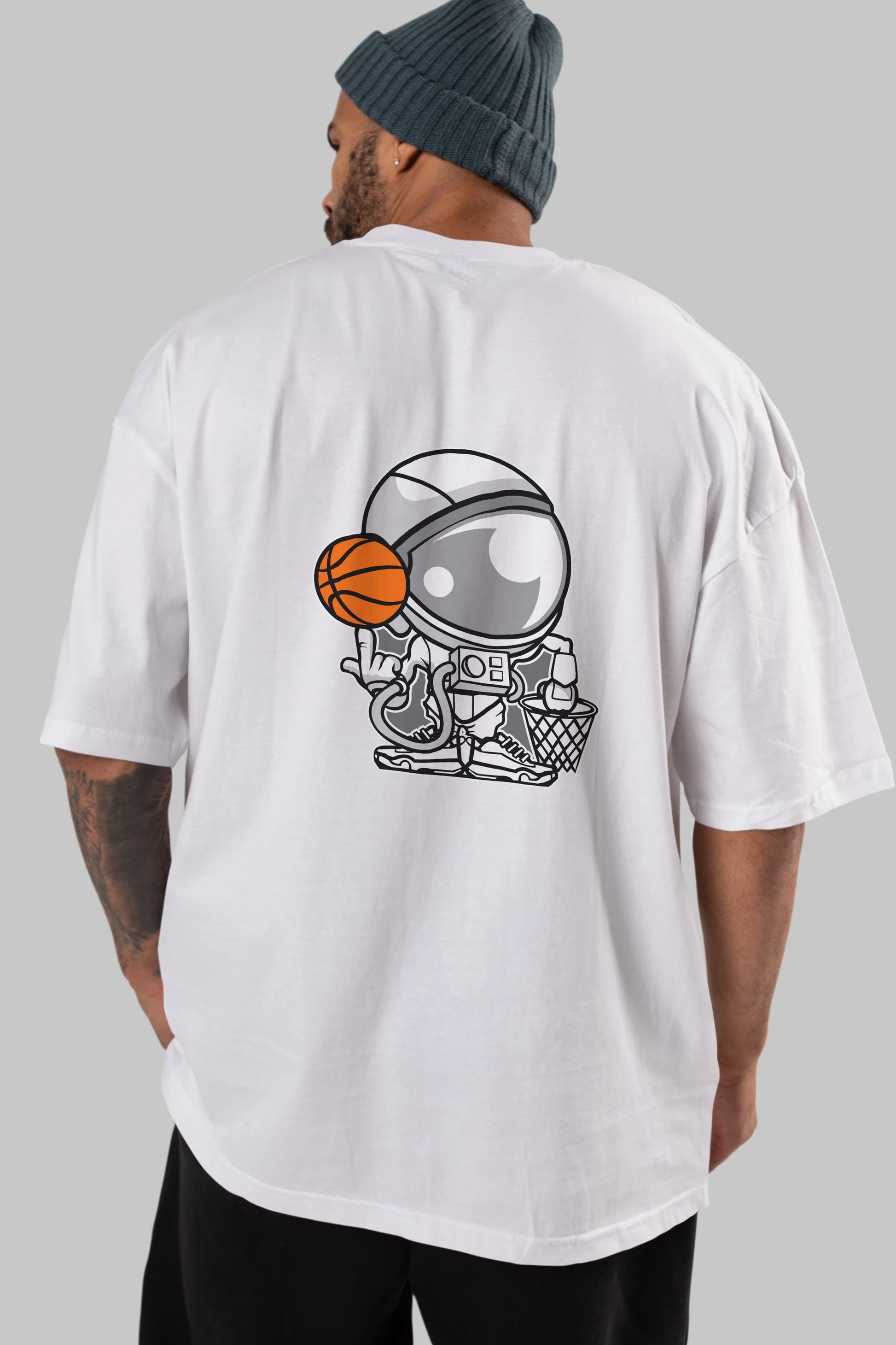 Astronaut Basketball Arka Baskılı Oversize t-shirt Erkek Kadın Unisex %100 Pamuk tişort