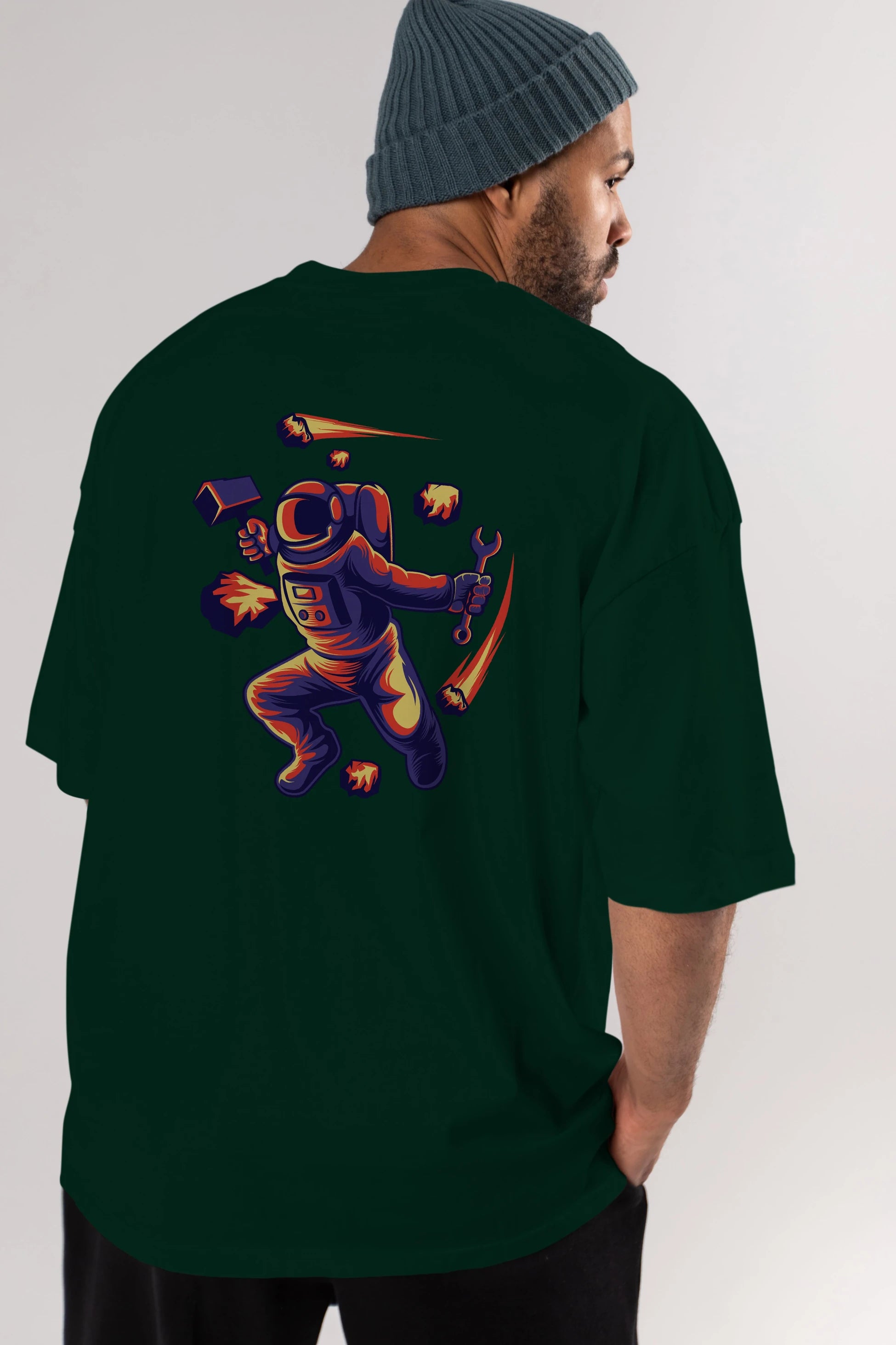 Astronaut Block Meteor Arka Baskılı Oversize t-shirt Erkek Kadın Unisex