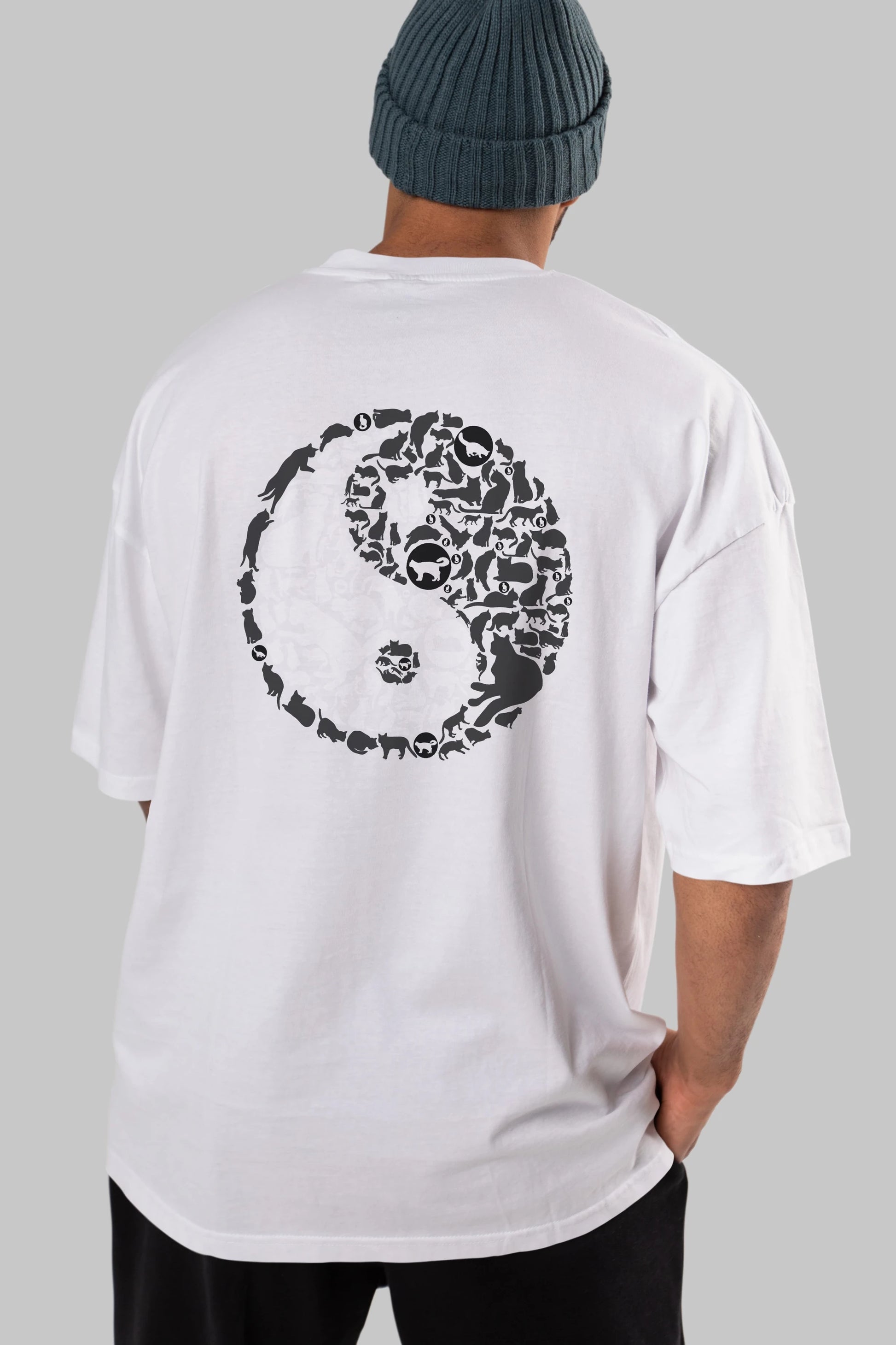 YinYang Cats Arka Baskılı Oversize t-shirt %100 pamuk Erkek Kadın Unisex