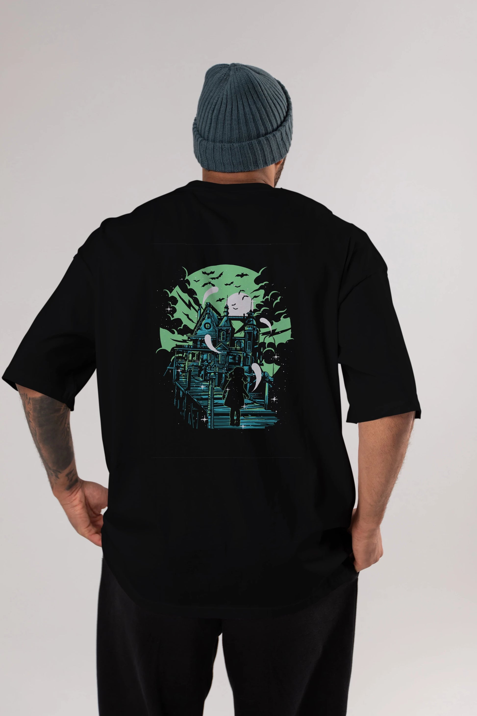 Haunted House Arka Baskılı Oversize t-shirt Erkek Kadın Unisex %100 Pamuk