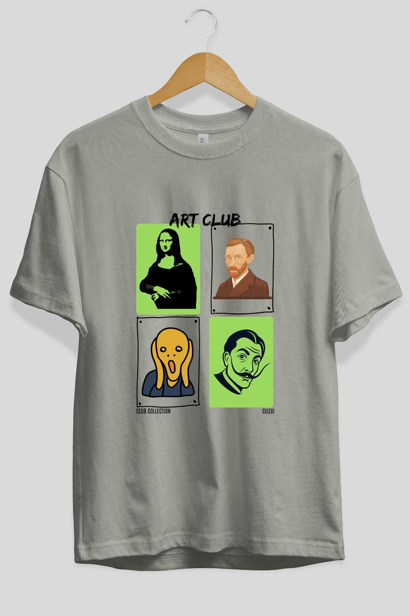 Art Club ön Baskılı Oversize t-shirt Erkek Kadın %100 Pamuk Bisiklet Yaka tişort