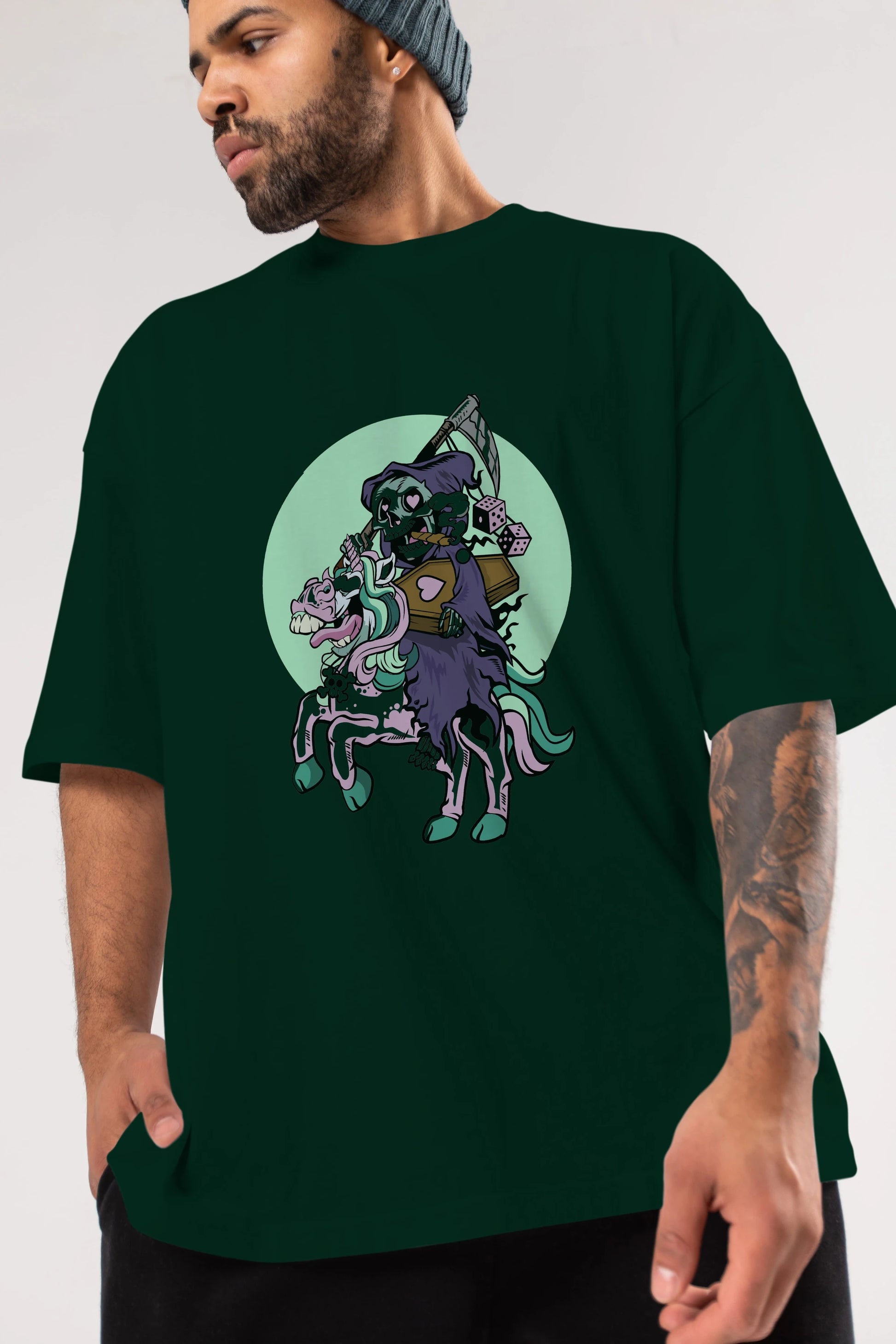 Grim Reaper Riding Unicorn Ön Baskılı Oversize t-shirt Erkek Kadın Unisex %100 Pamuk tişort