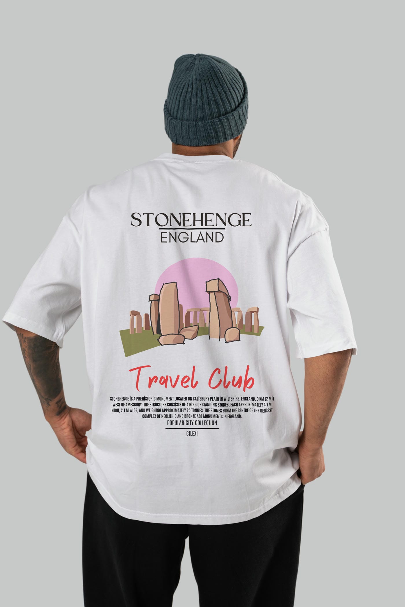 Stonehenge England Arka Baskılı Oversize t-shirt Erkek Kadın Pamuk Bisiklet Yaka tişort
