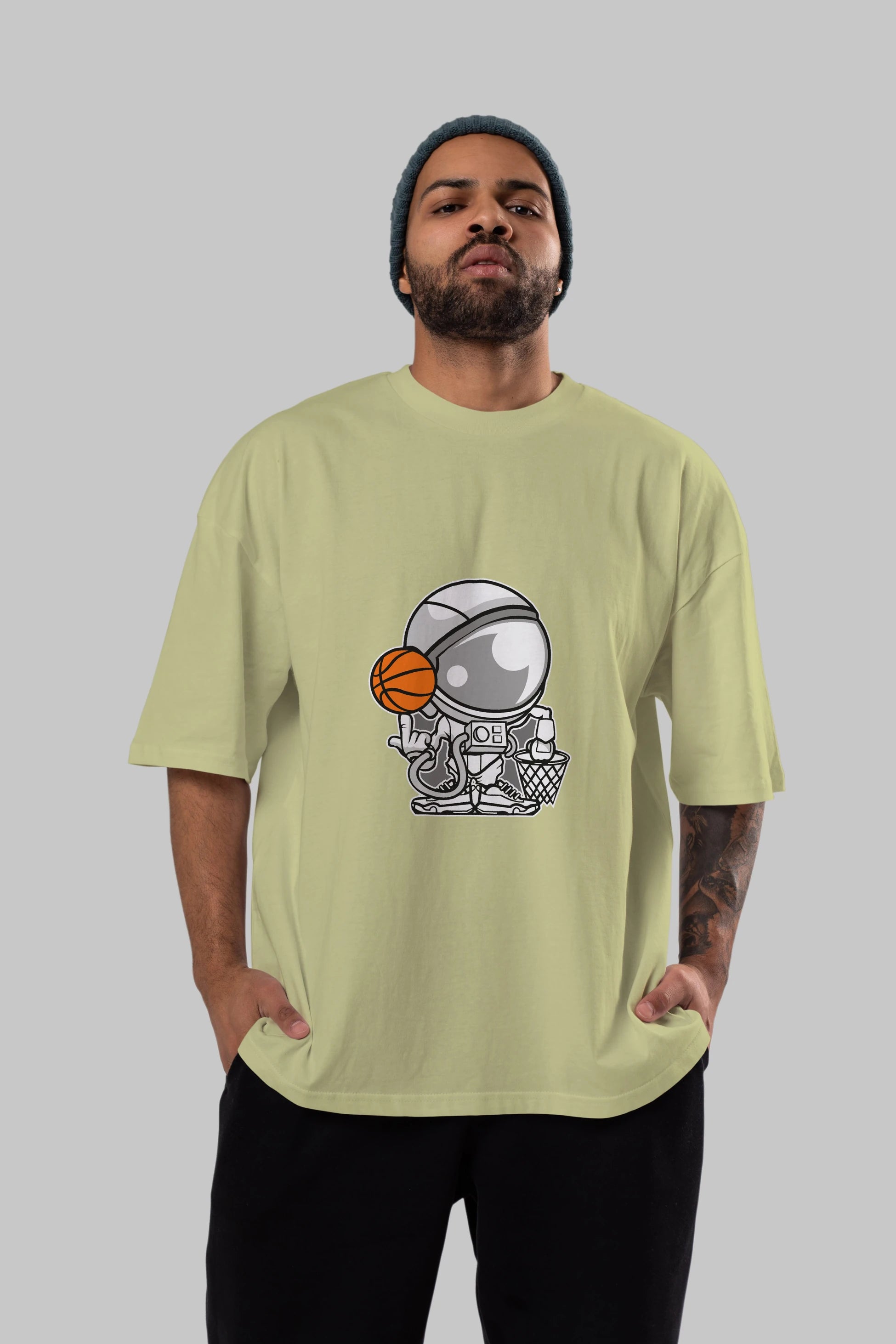 Astronaut Basketball Ön Baskılı Oversize t-shirt Erkek Kadın Unisex %100 Pamuk tişort