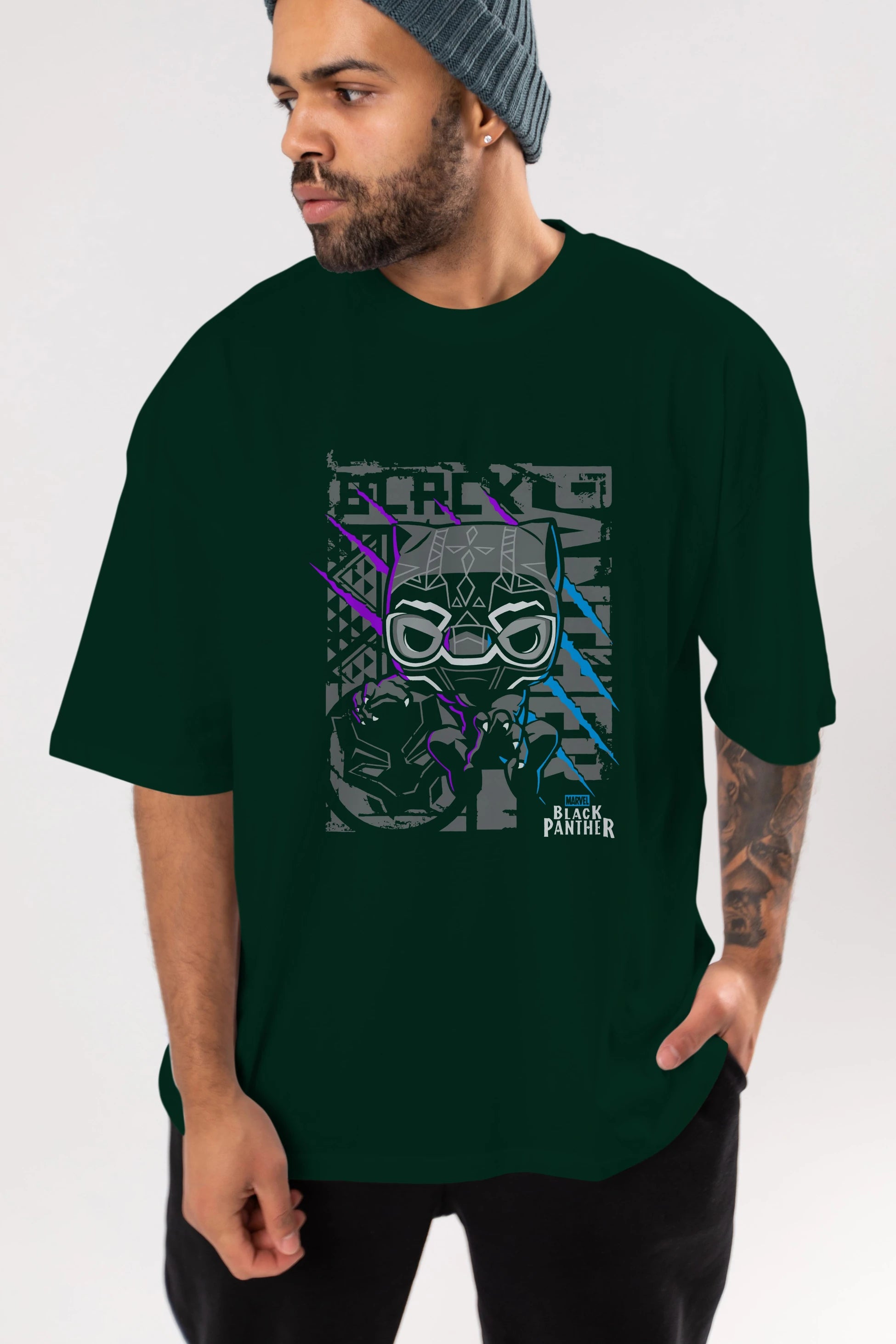 Black Panther Ön Baskılı Oversize t-shirt Erkek Kadın Unisex %100 Pamuk Bisiklet Yaka tişort