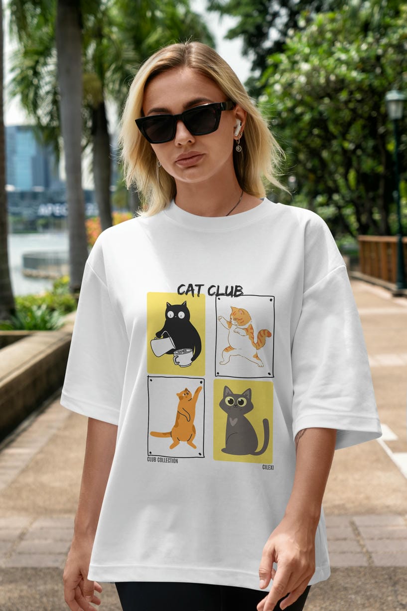 Cat Club ön Baskılı Oversize t-shirt Erkek Kadın %100 Pamuk Bisiklet Yaka tişort