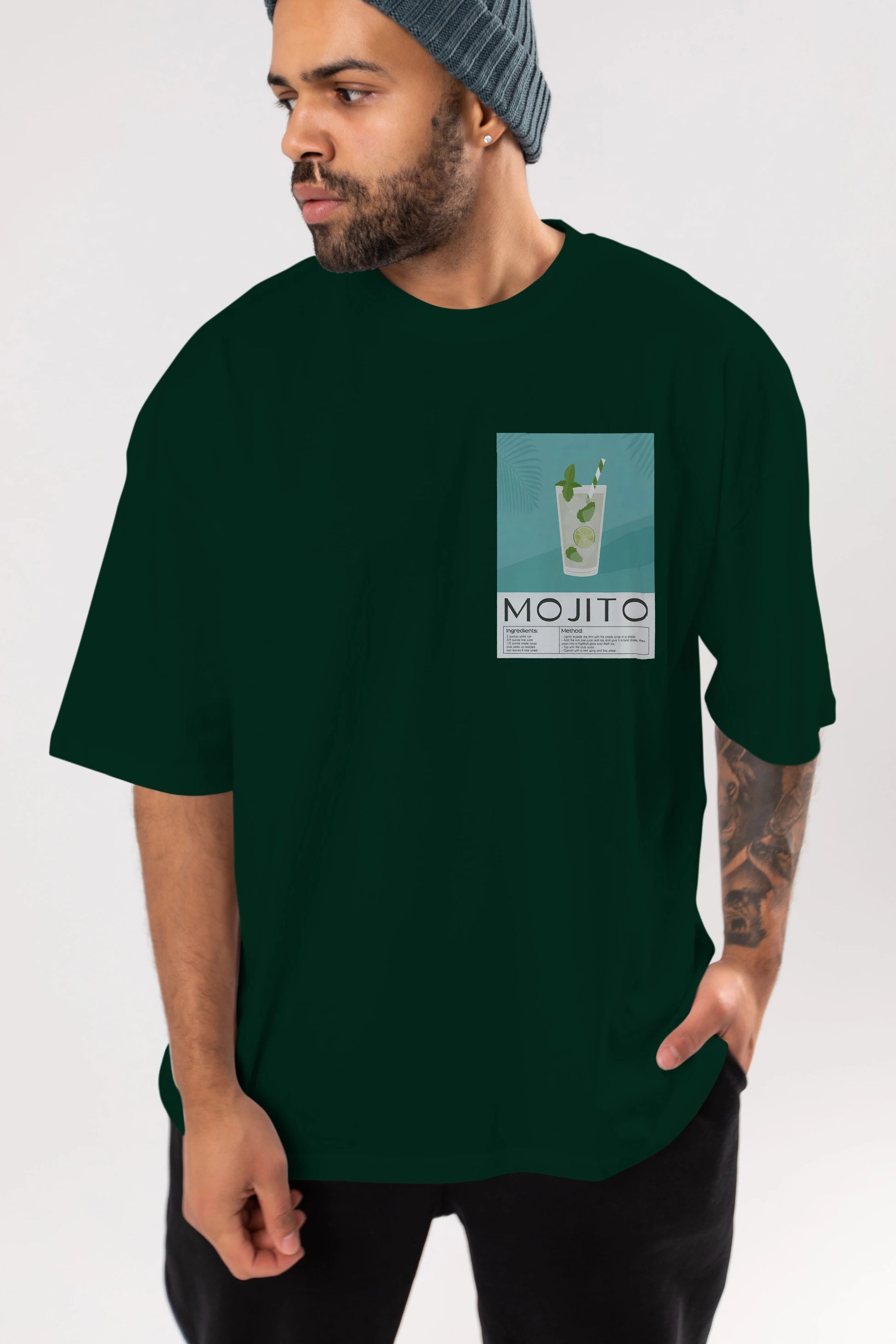 Mojito 4 Ön Sol Baskılı Oversize t-shirt Erkek Kadın Unisex %100 Pamuk Bisiklet Yaka tişort