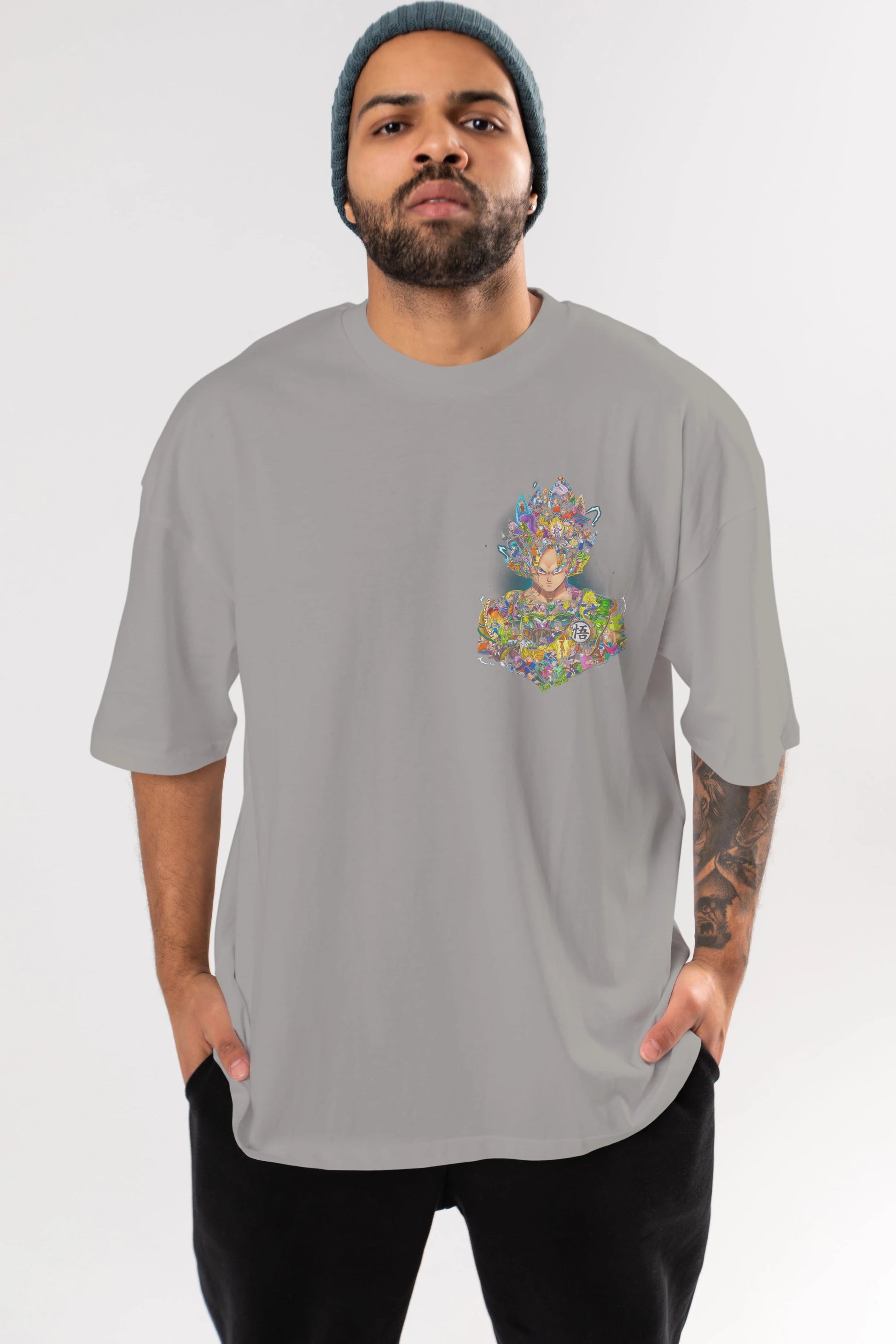 DRAGON BALL ART Ön Sol Baskılı Oversize t-shirt Erkek Kadın Unisex %100 Pamuk Bisiklet Yaka tişort