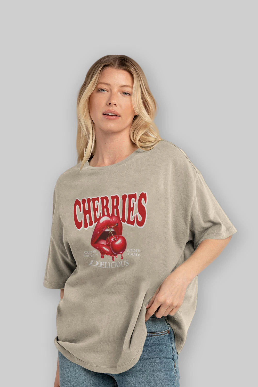 Cherry Cherries 2 Ön Baskılı Oversize t-shirt Erkek Kadın Pamuk Bisiklet Yaka tişort