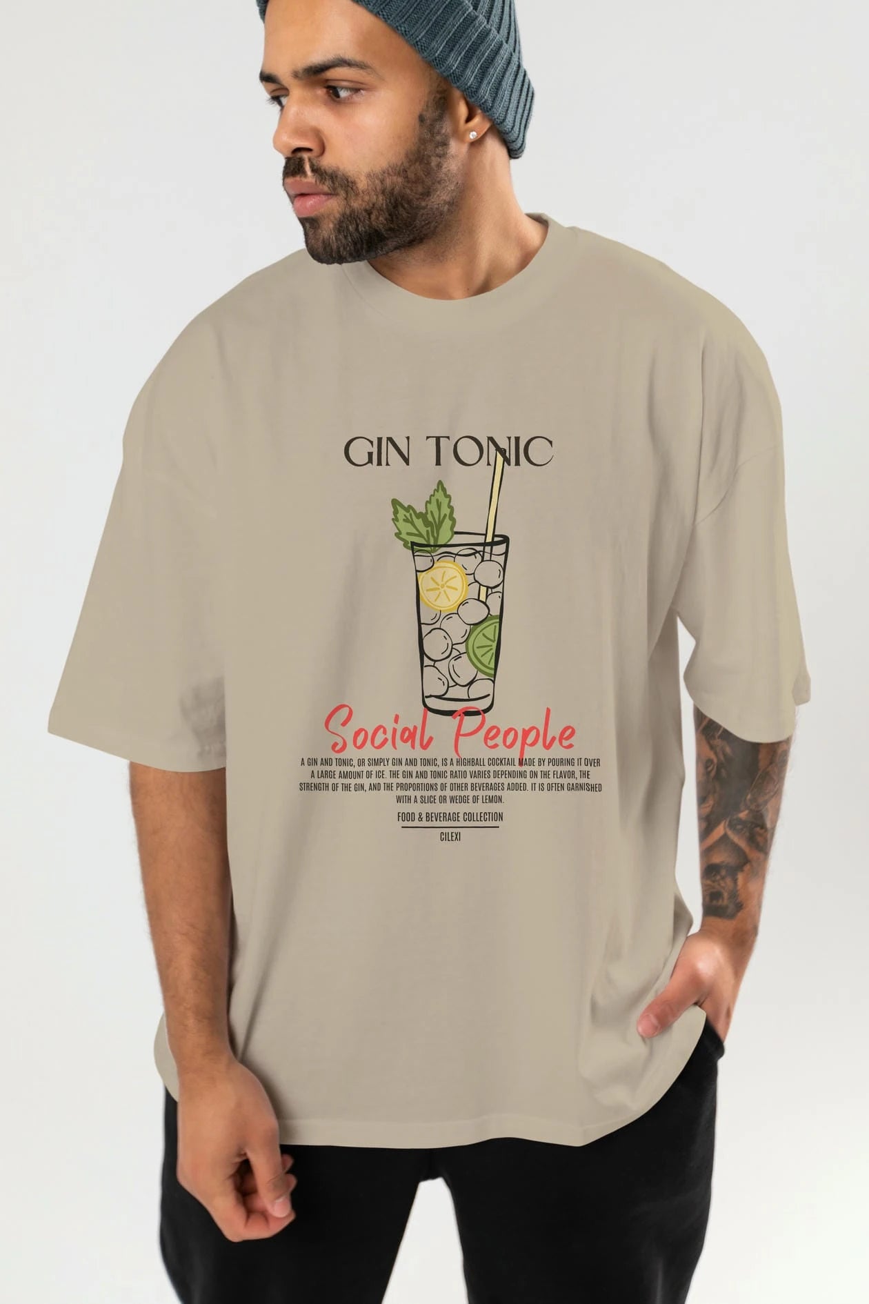 Gın Tonıc Kokteyl Serisi ön Baskılı Oversize t-shirt Erkek Kadın %100 Pamuk Bisiklet Yaka tişort