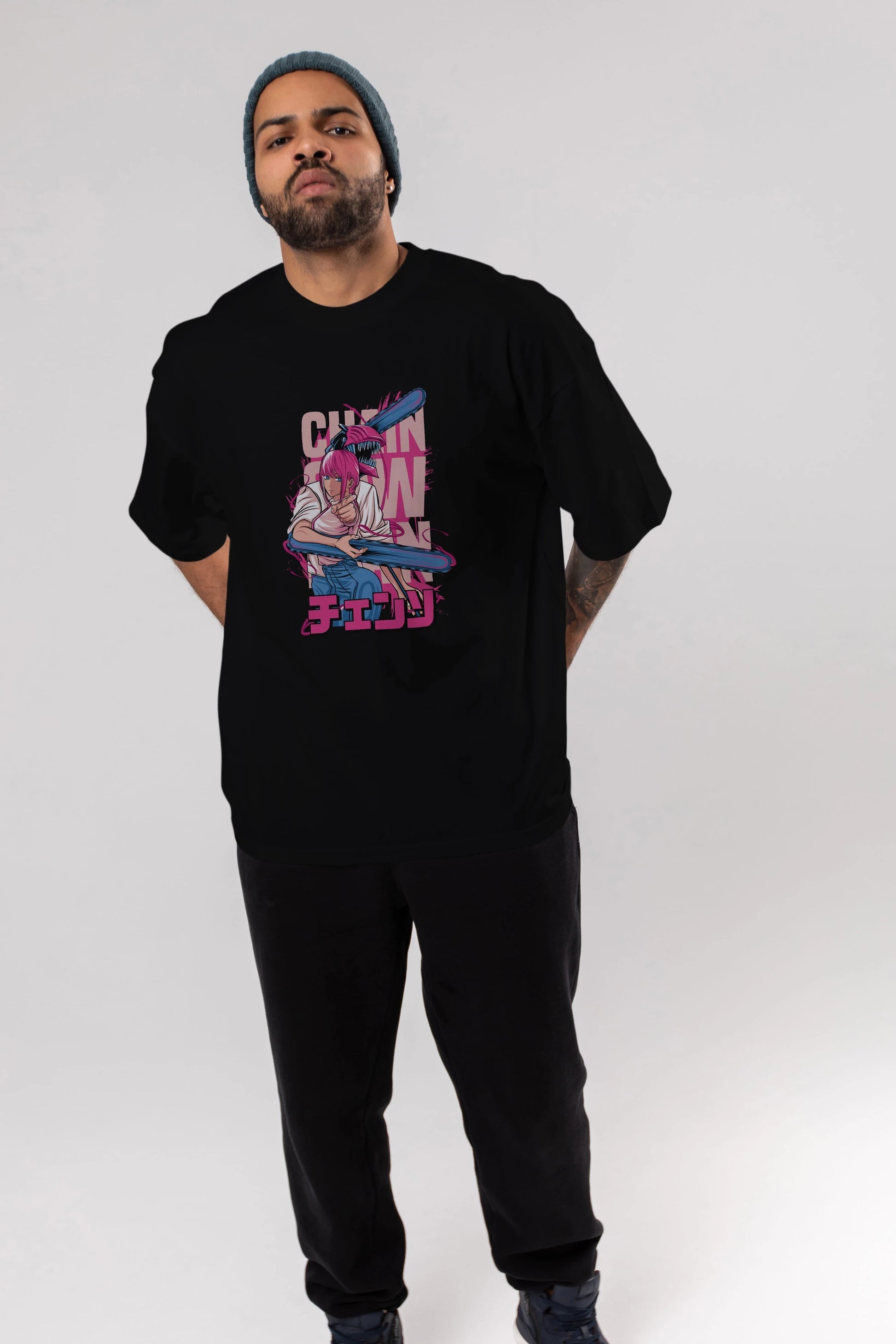 DENJI and MAKIMA Anime Ön Baskılı Oversize t-shirt %100 pamuk Erkek Kadın Unisex