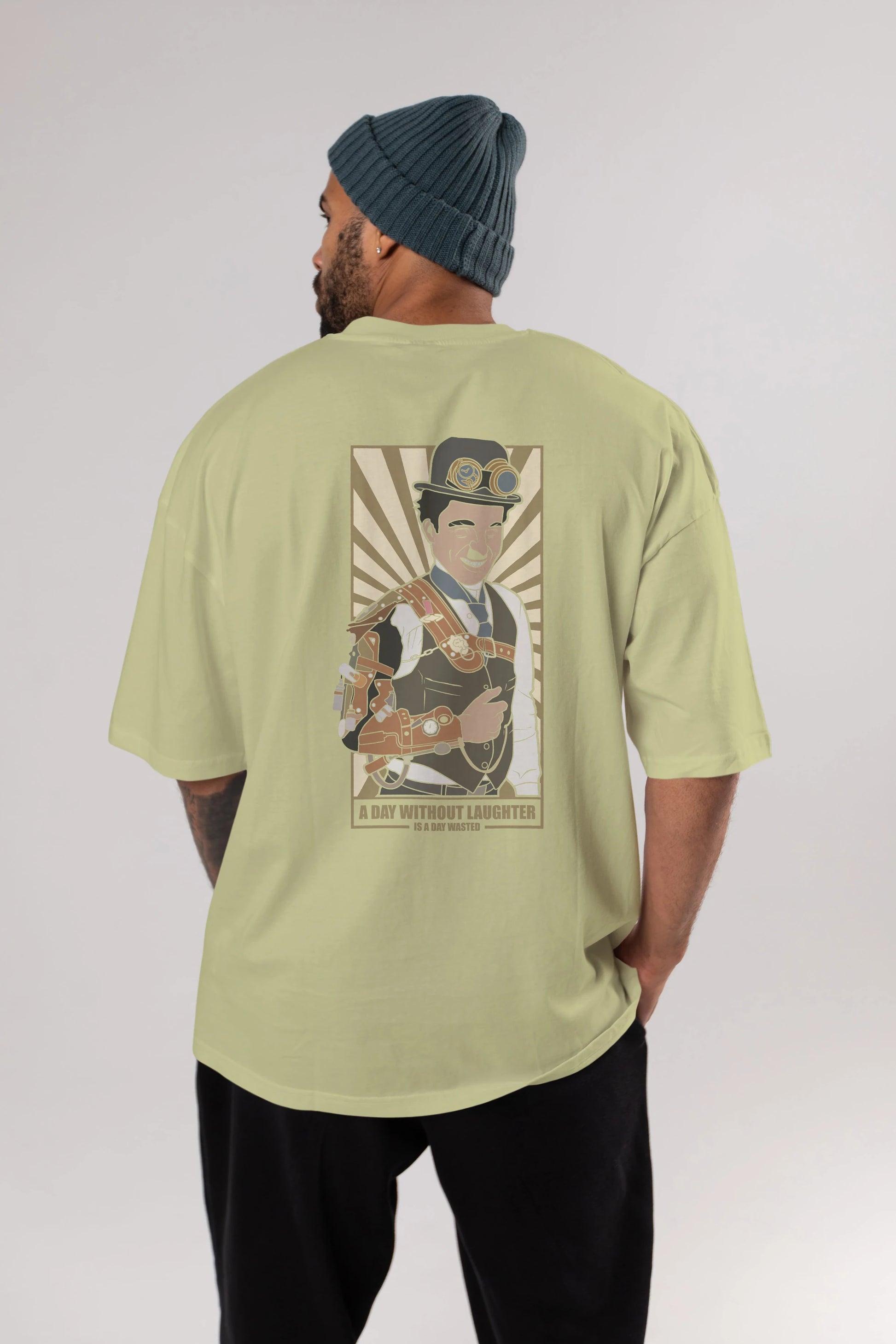 Steampunk Chaplin Arka Baskılı Oversize t-shirt Erkek Kadın Unisex %100 Pamuk tişort