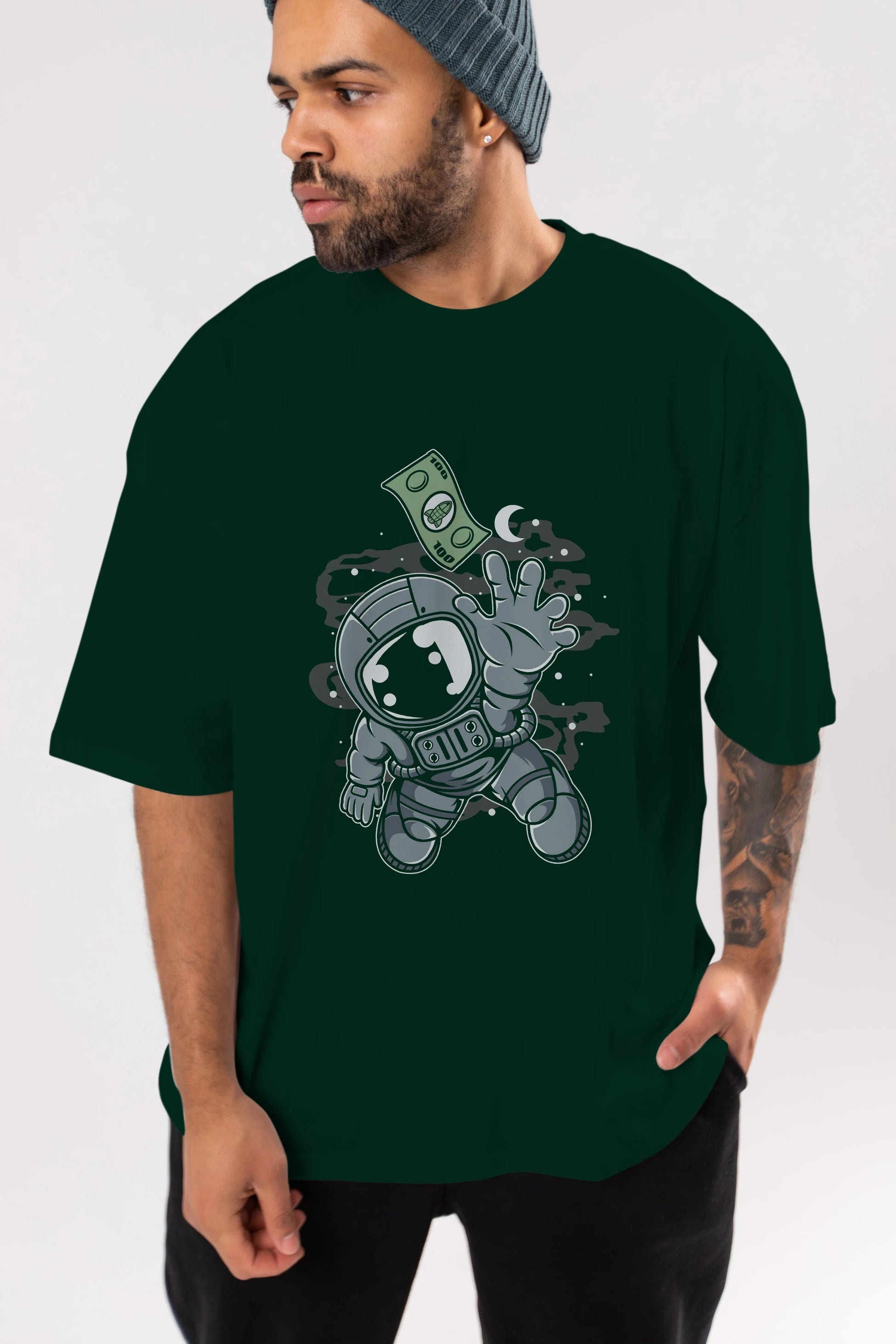Astronaut Dollar Ön Baskılı Oversize t-shirt Erkek Kadın Unisex