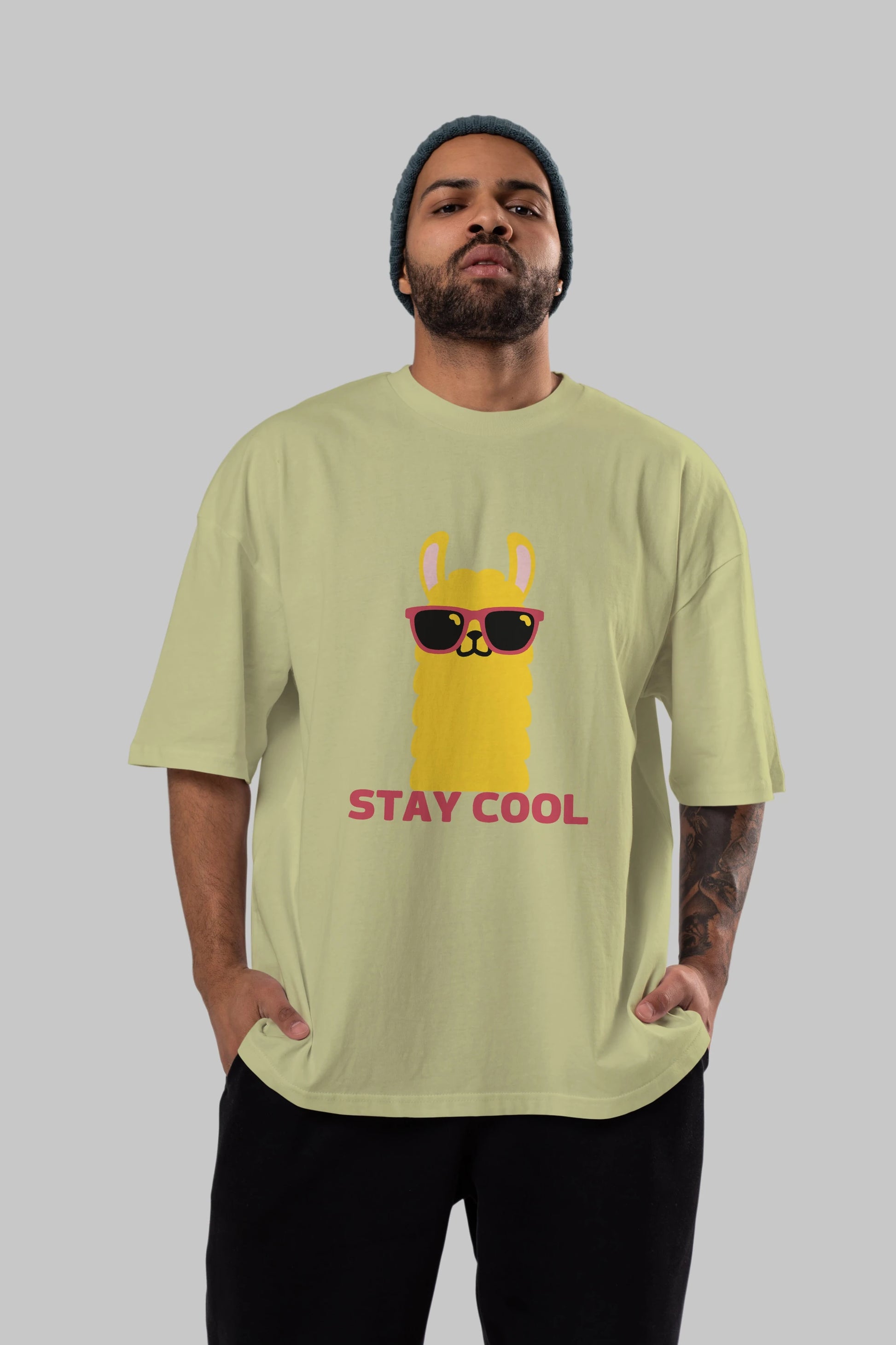 Stay Cool Yazılı Lama Ön Baskılı Oversize t-shirt Erkek Kadın Unisex