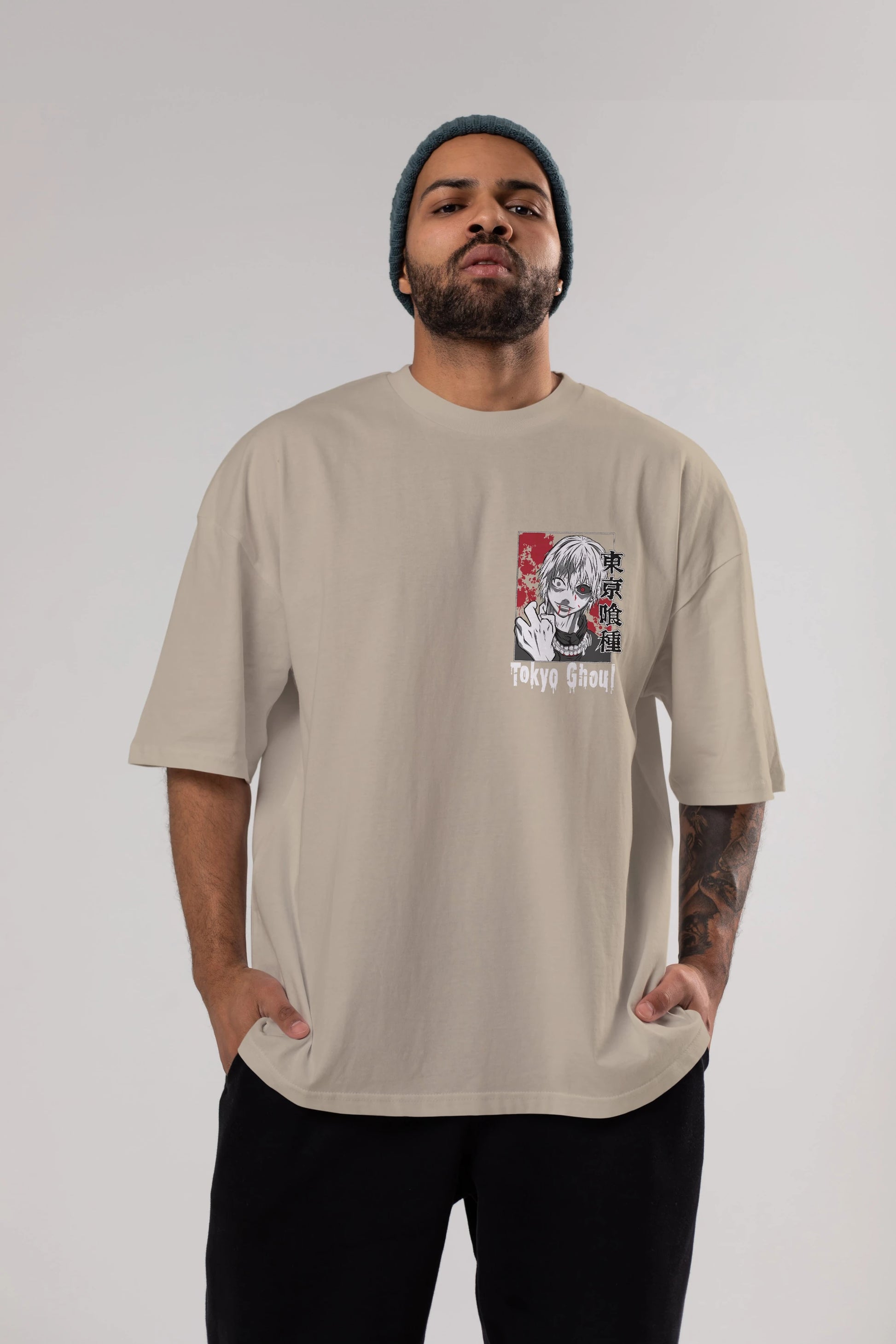 Kaneki Ken TOKYO GHOUL Ön Sol Baskılı Oversize t-shirt Erkek Kadın Unisex %100 Pamuk Bisiklet Yaka tişort