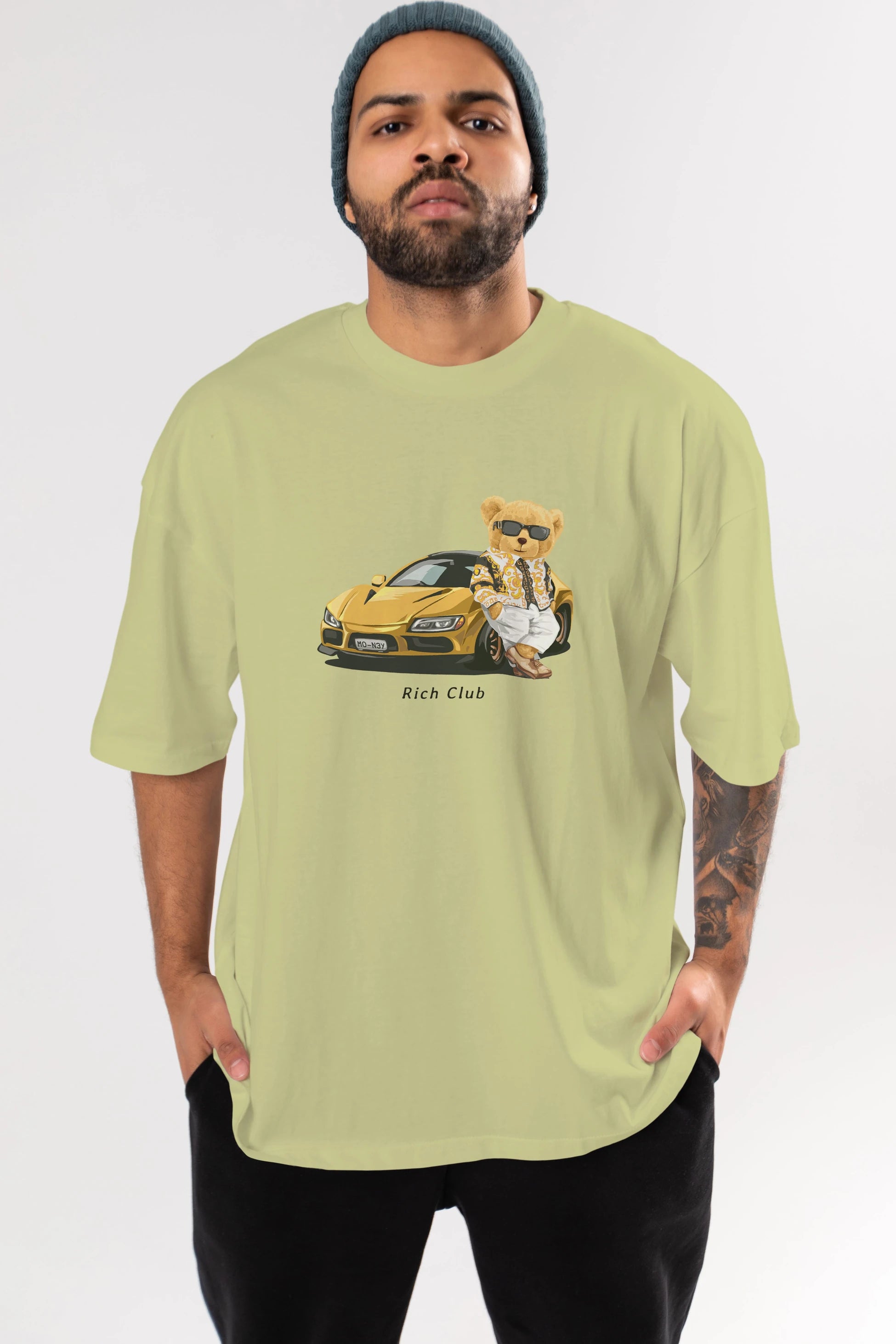 Teddy Bear Rich Club Ön Baskılı Oversize t-shirt Erkek Kadın Unisex %100 Pamuk