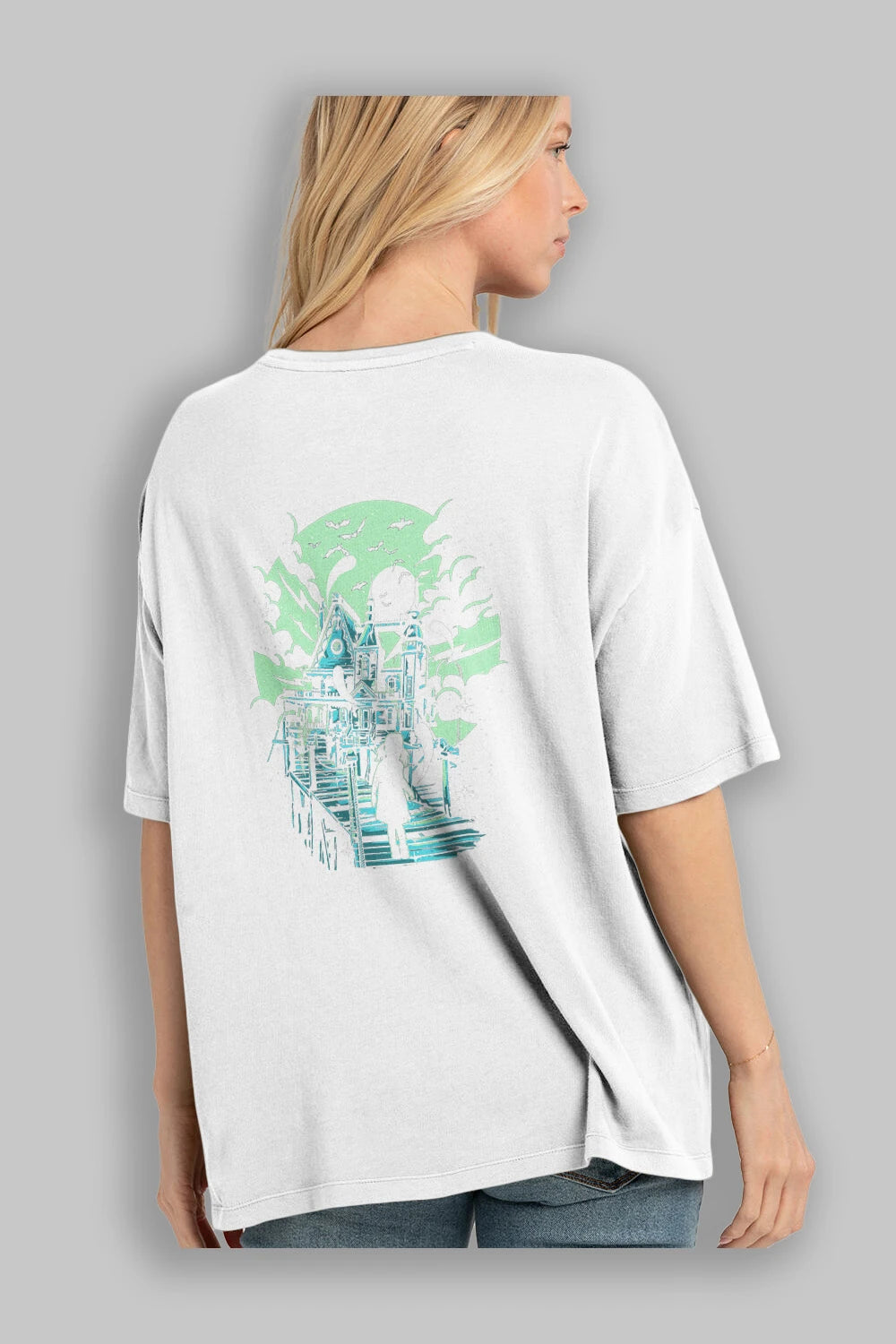 Haunted House Arka Baskılı Oversize t-shirt Erkek Kadın Unisex %100 Pamuk
