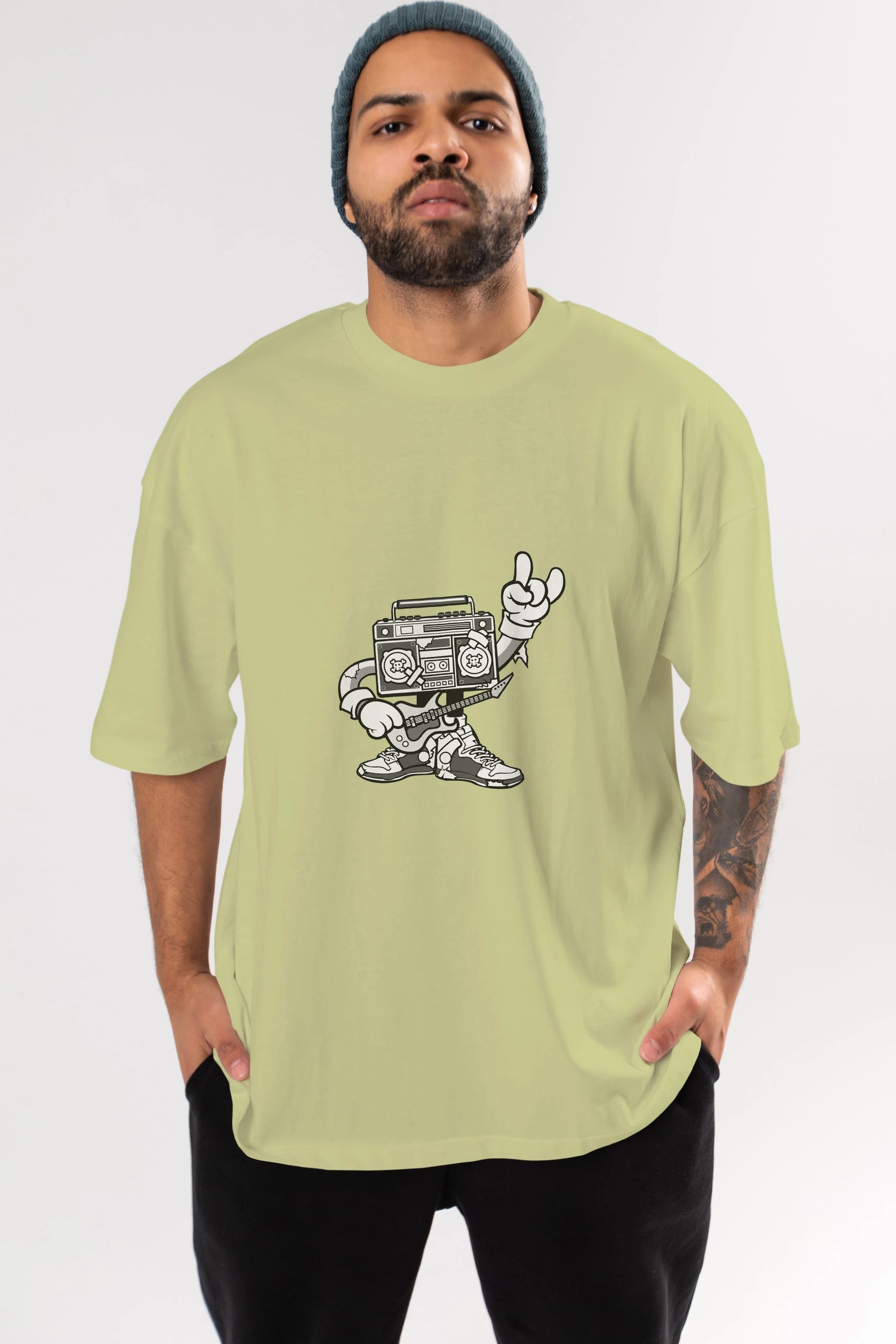 Boombox Rockstar Ön Baskılı Oversize t-shirt Erkek Kadın Unisex %100 Pamuk tişort