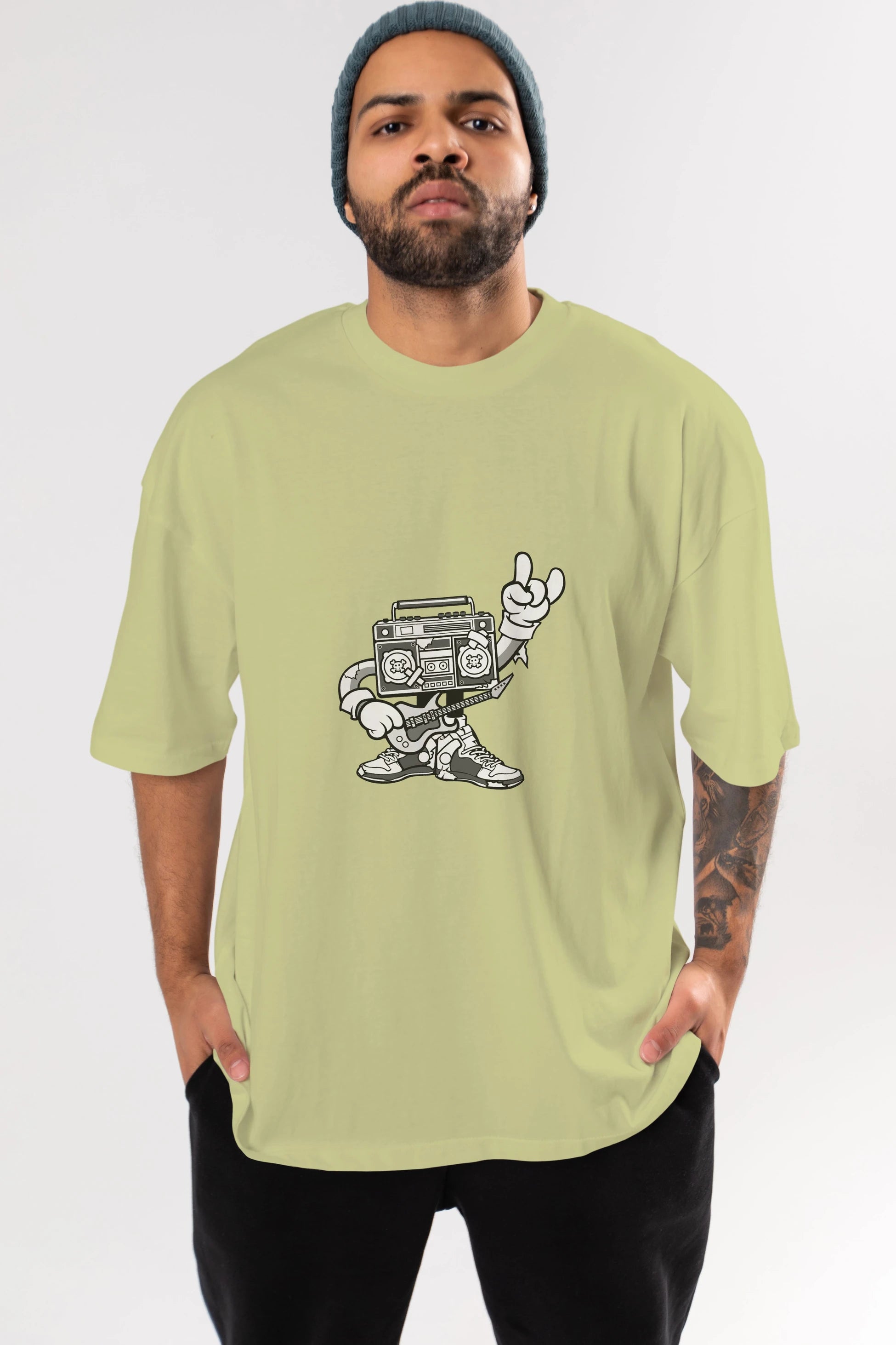 Boombox Rockstar Ön Baskılı Oversize t-shirt Erkek Kadın Unisex %100 Pamuk tişort