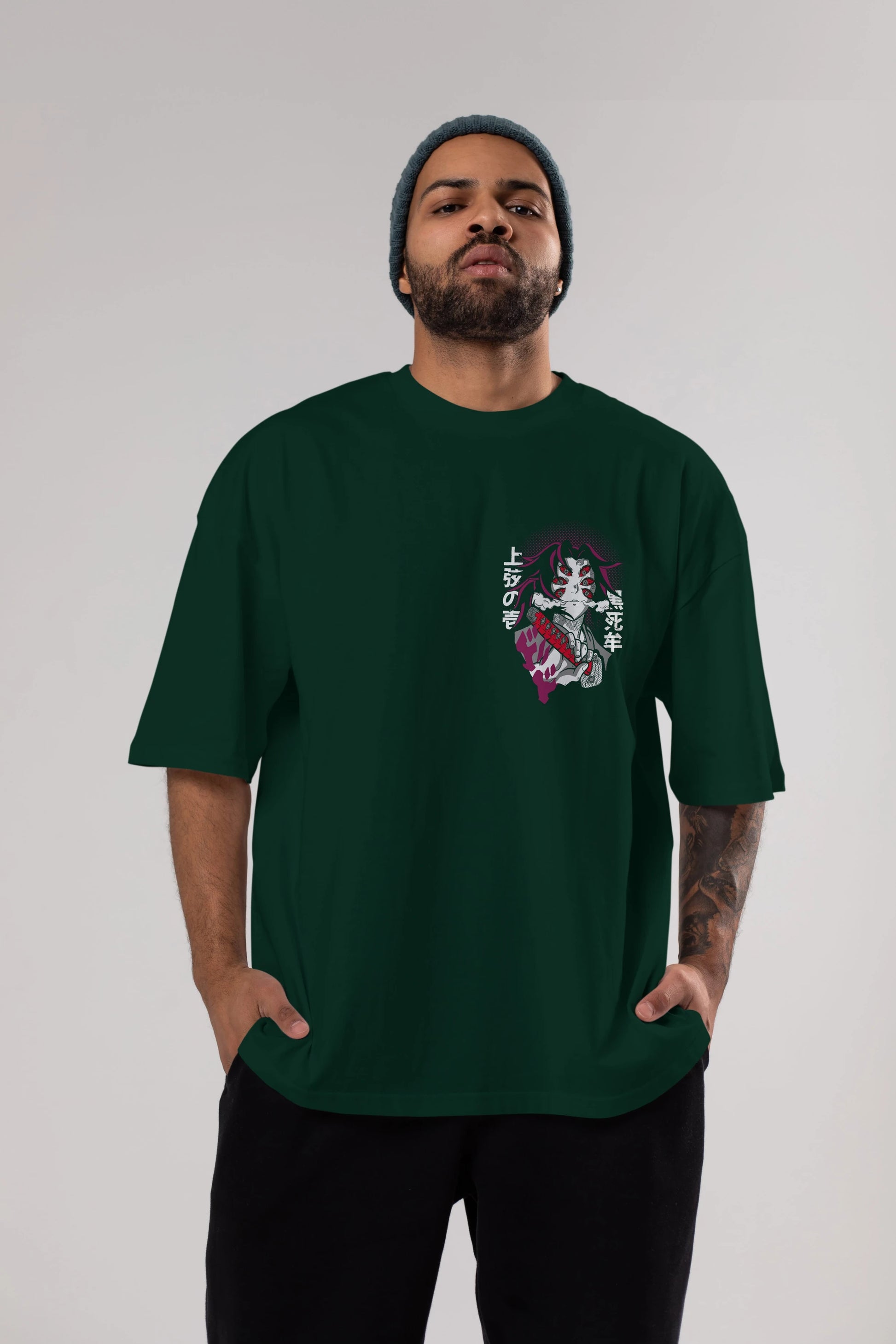 Kokushibo Ön Sol Baskılı Oversize t-shirt Erkek Kadın Unisex %100 Pamuk Bisiklet Yaka tişort