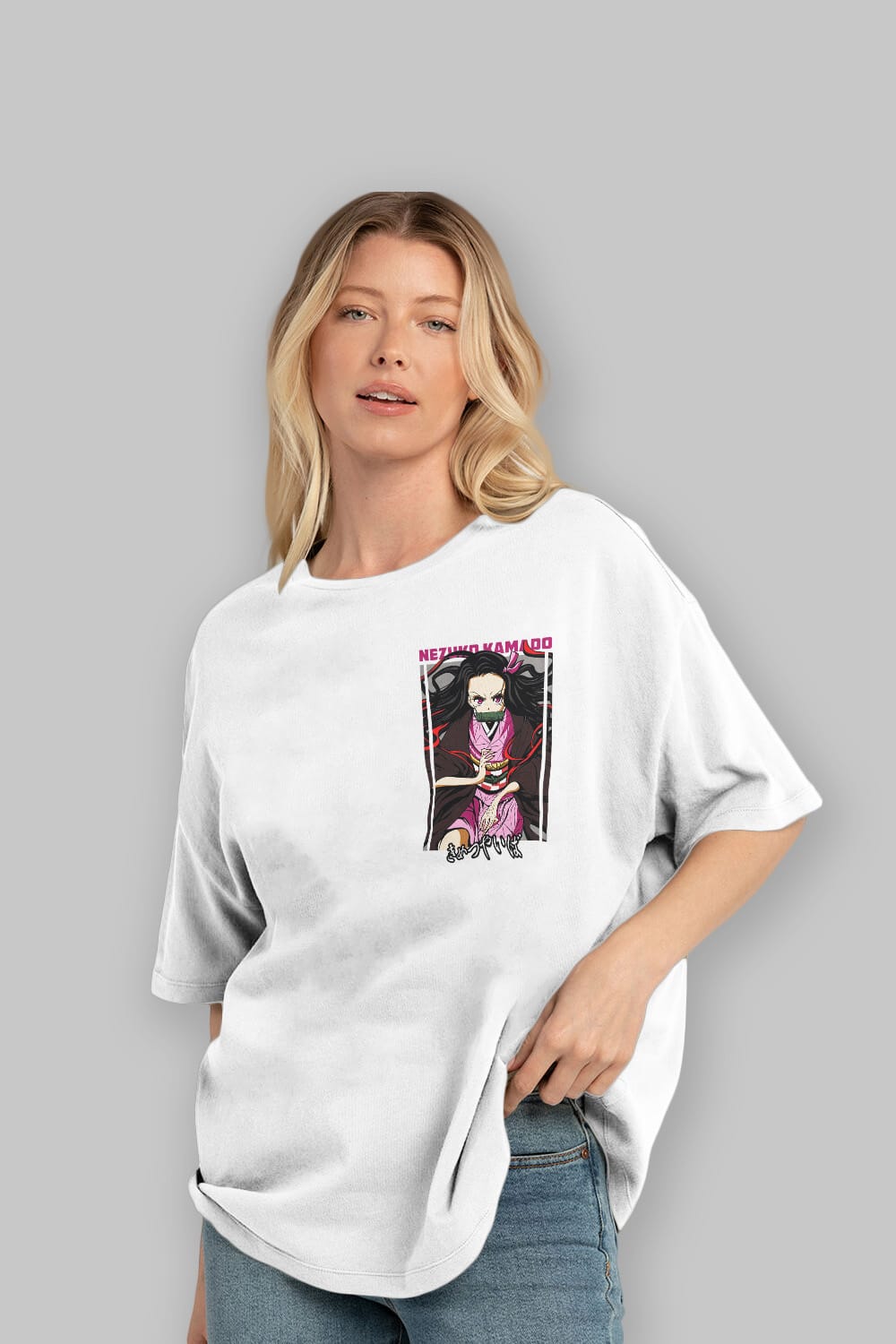 Nezuko Kamado 1 Ön Sol Baskılı Oversize t-shirt Erkek Kadın Unisex %100 Pamuk Bisiklet Yaka tişort