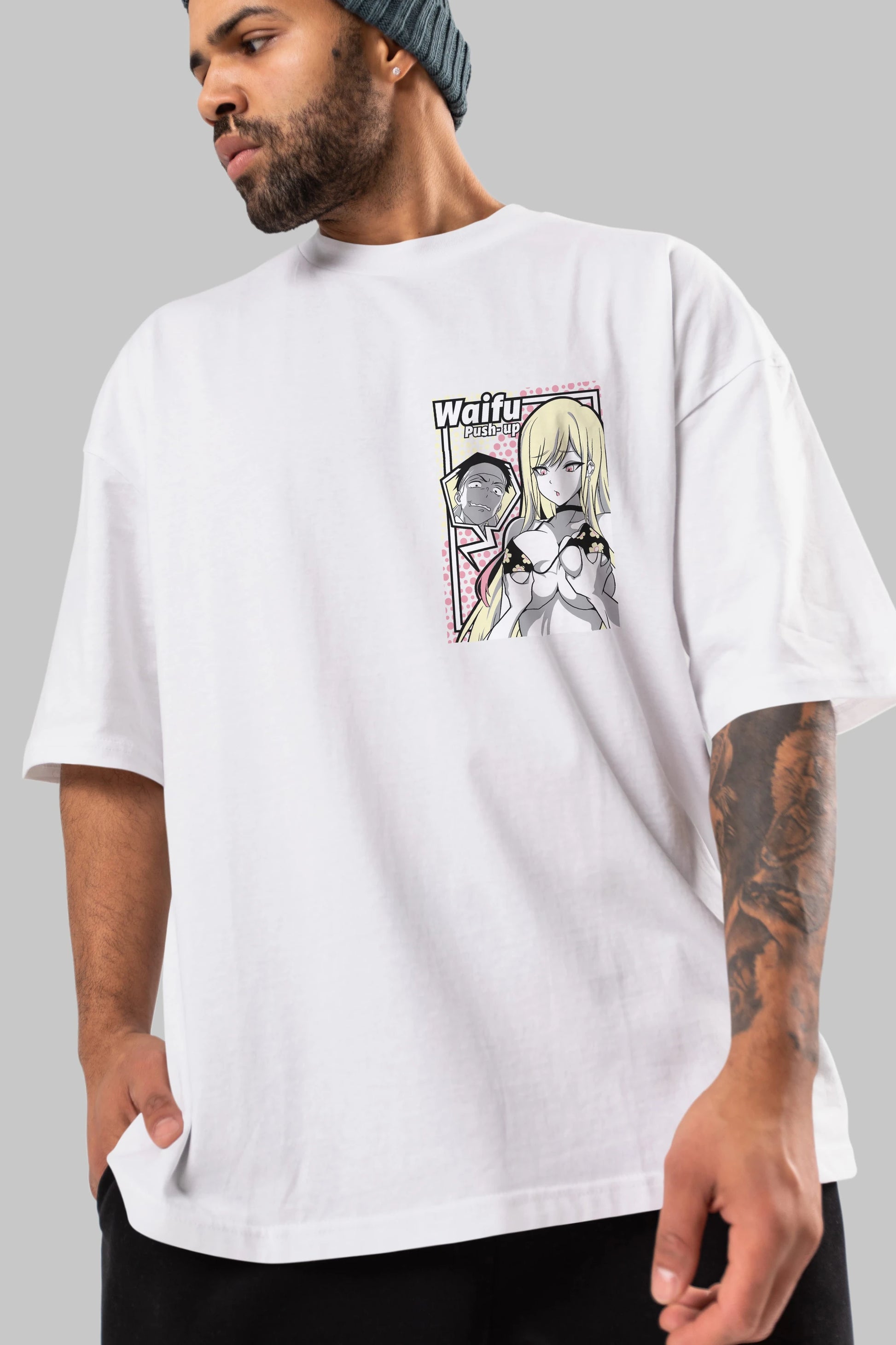Waifu PushUp Ön Sol Baskılı Oversize t-shirt Erkek Kadın Unisex %100 Pamuk Bisiklet Yaka tişort