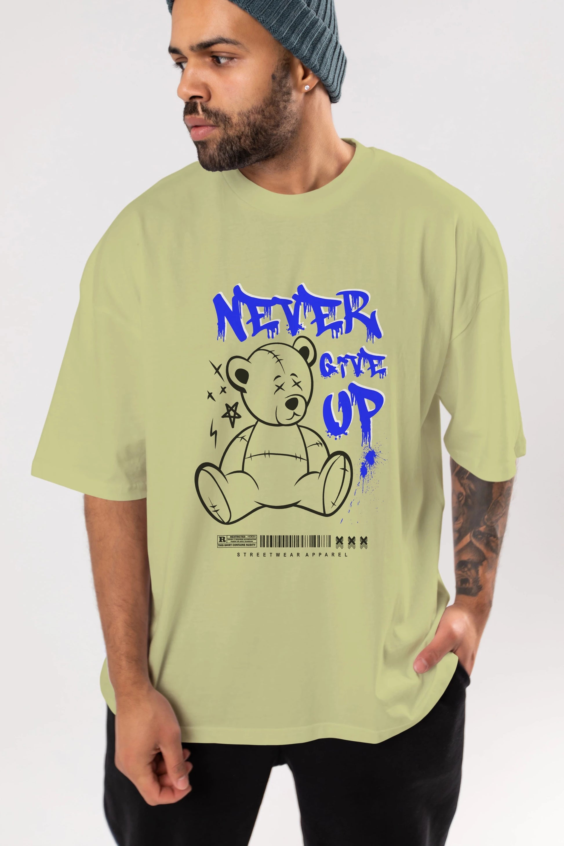 Teddy Bear Never Give Up Ön Baskılı Oversize t-shirt Erkek Kadın Unisex