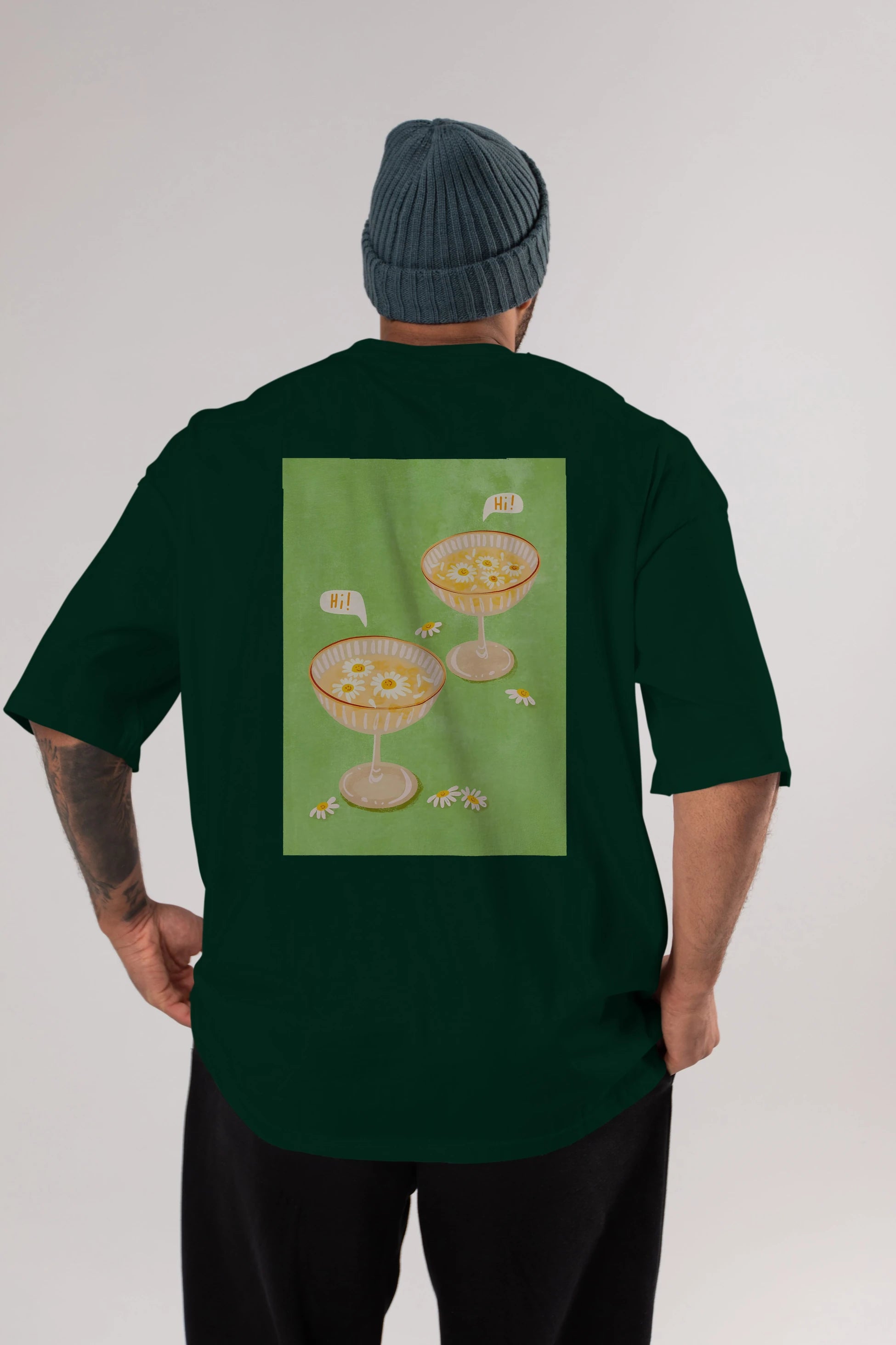 Hi Cheers Arka Baskılı Oversize t-shirt Erkek Kadın Unisex %100 Pamuk Bisiklet Yaka tişort