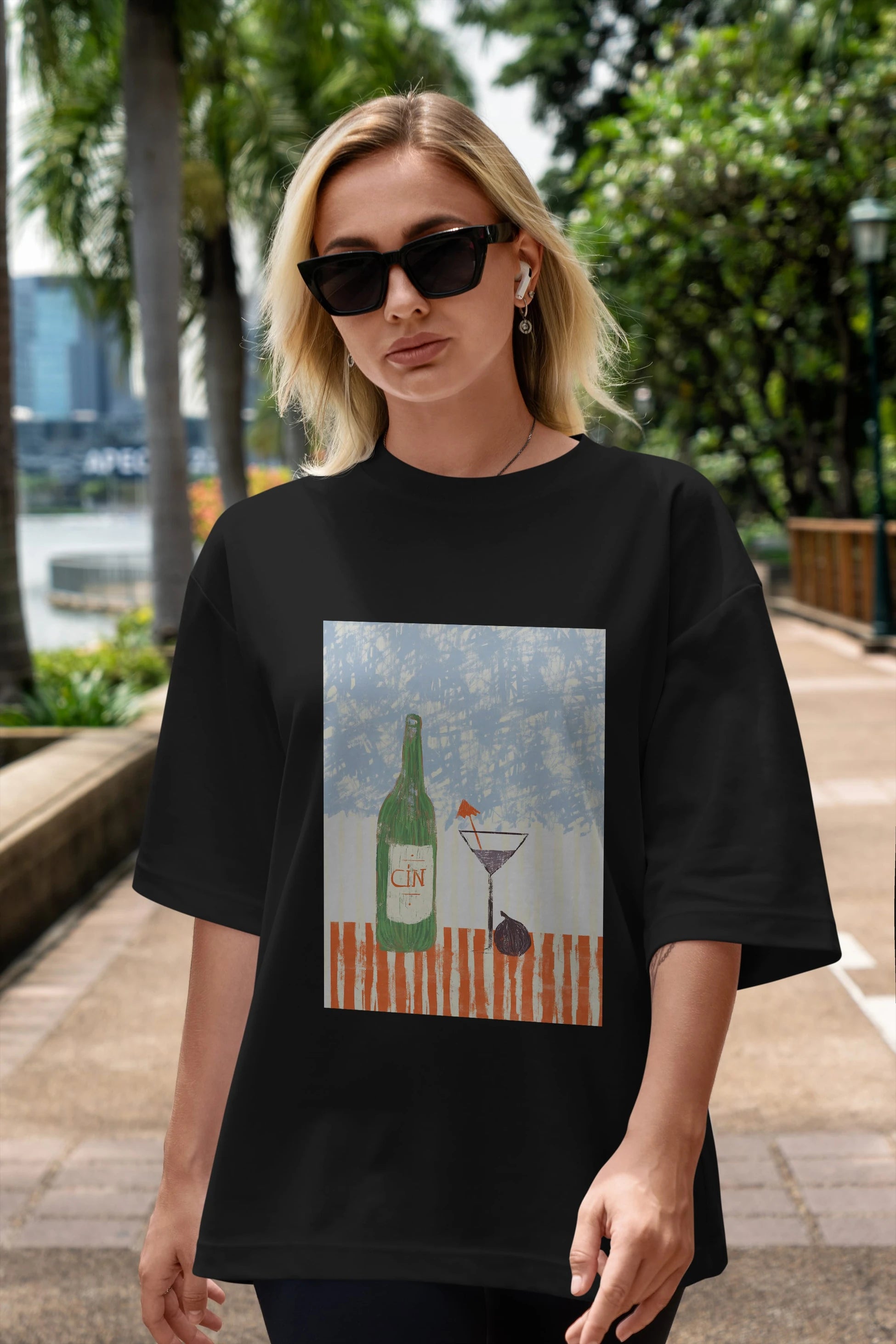 Gin Ön Baskılı Oversize t-shirt Erkek Kadın Unisex %100 Pamuk Bisiklet Yaka tişort