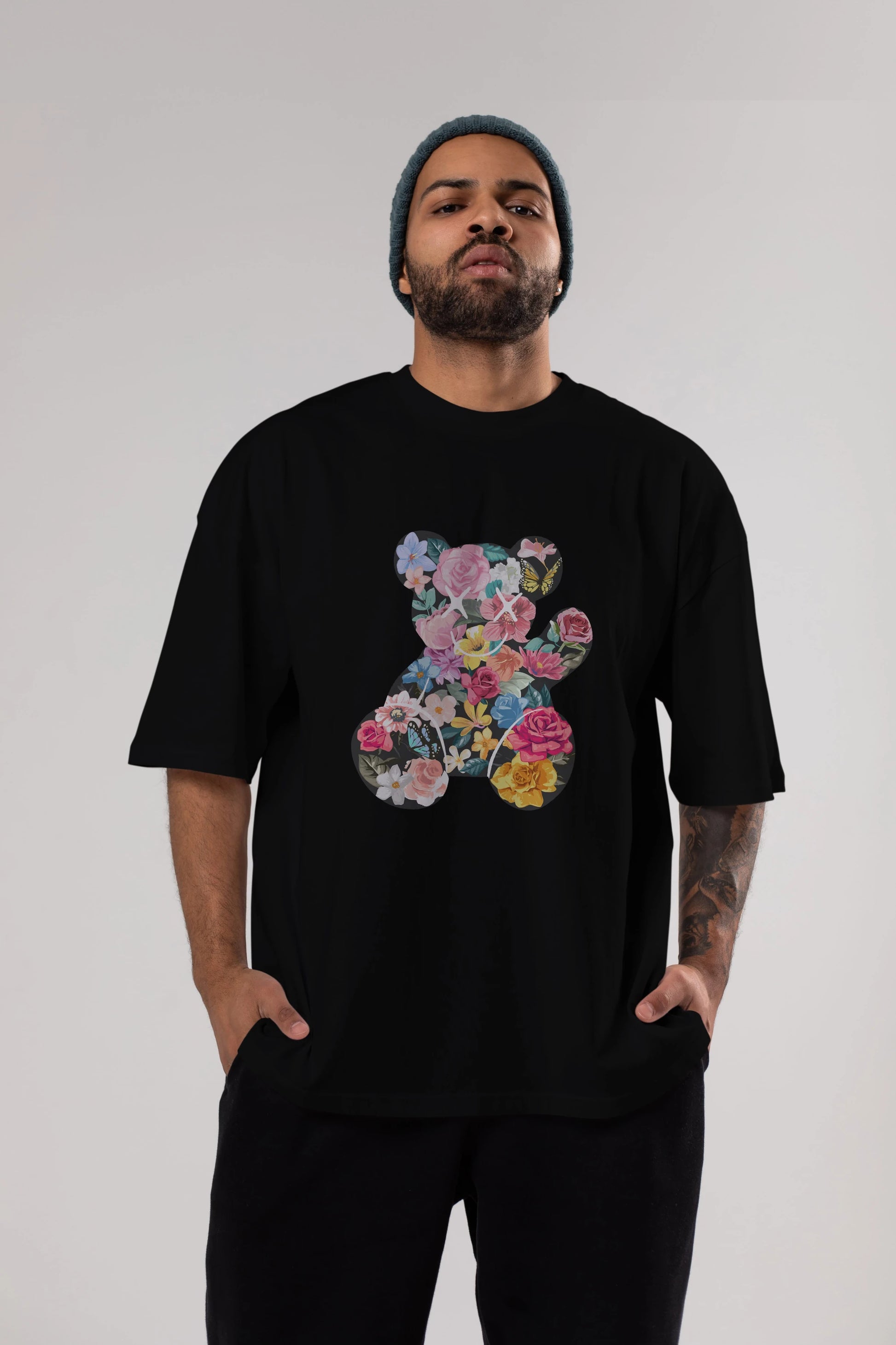 Flowers Bear Ön Baskılı Oversize t-shirt Erkek Kadın Unisex