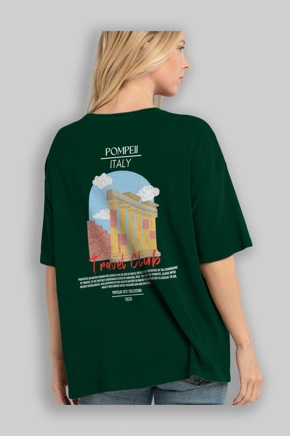 Pompeii İtaly Arka Baskılı Oversize t-shirt Erkek Kadın Pamuk Bisiklet Yaka tişort