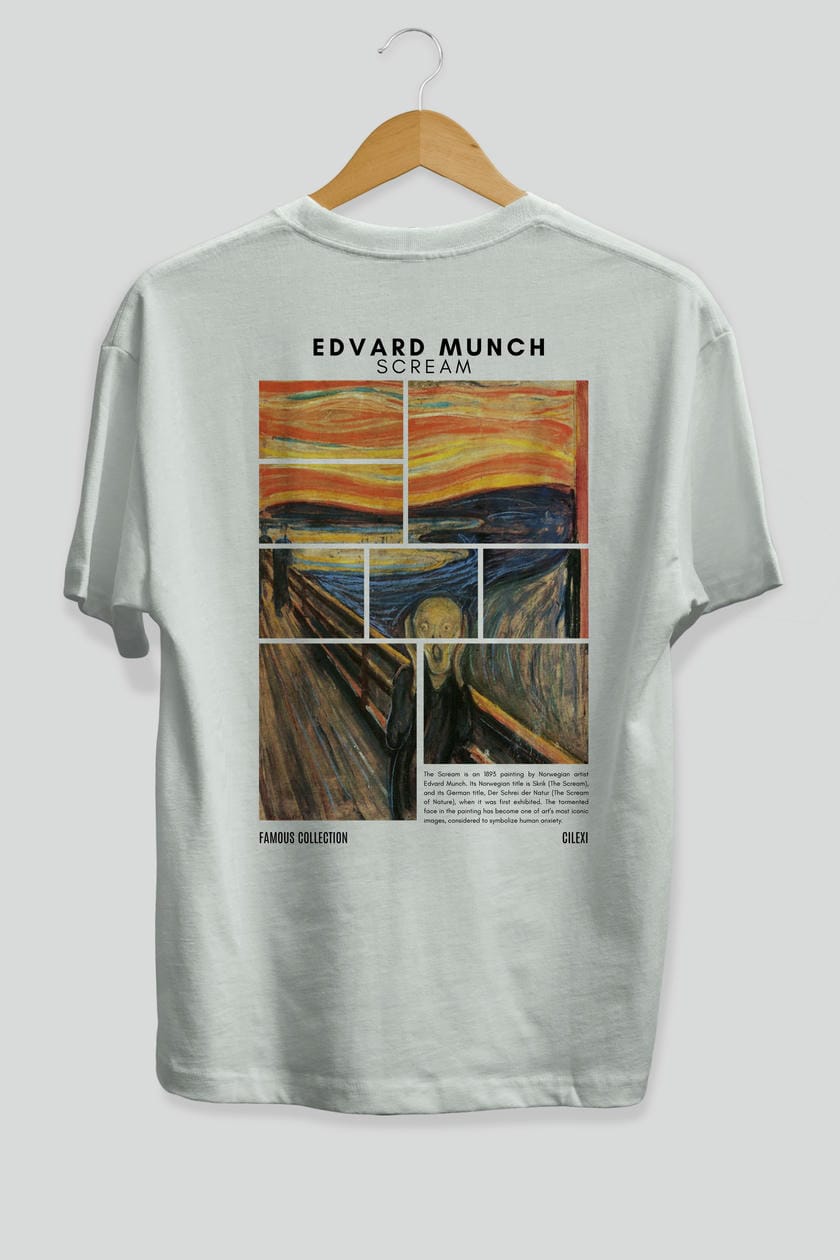 Edvard Munch Scream Arka Baskılı Oversize t-shirt Erkek Kadın Bisiklet Yaka Pamuk tişort