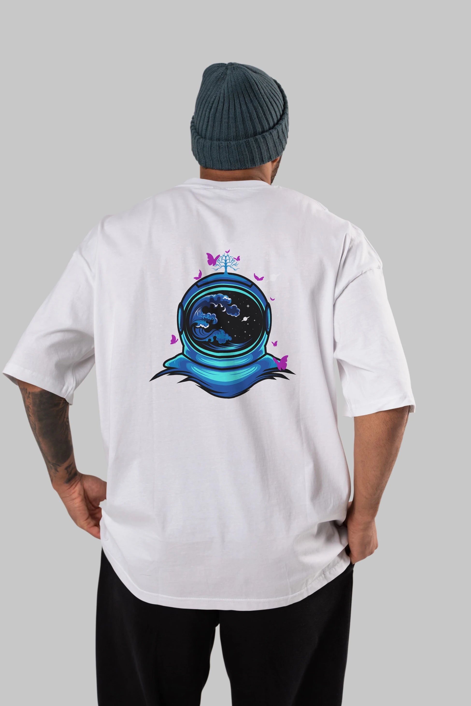 Astronaut and Butterfly Arka Baskılı Oversize t-shirt Erkek Kadın Unisex