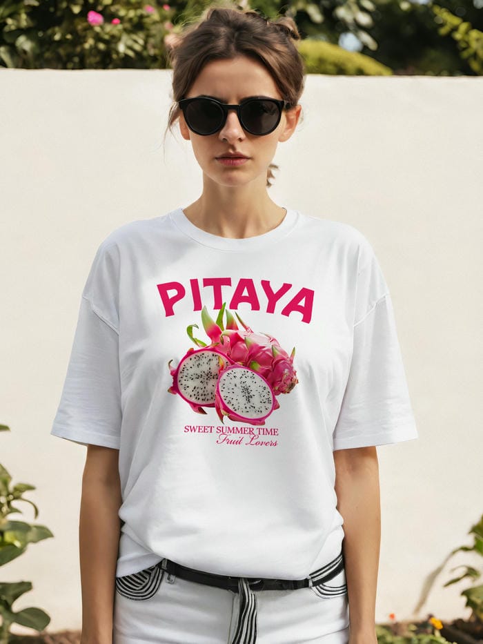 Pitaya Ön Baskılı Oversize t-shirt Erkek Kadın Pamuk Bisiklet Yaka tişort