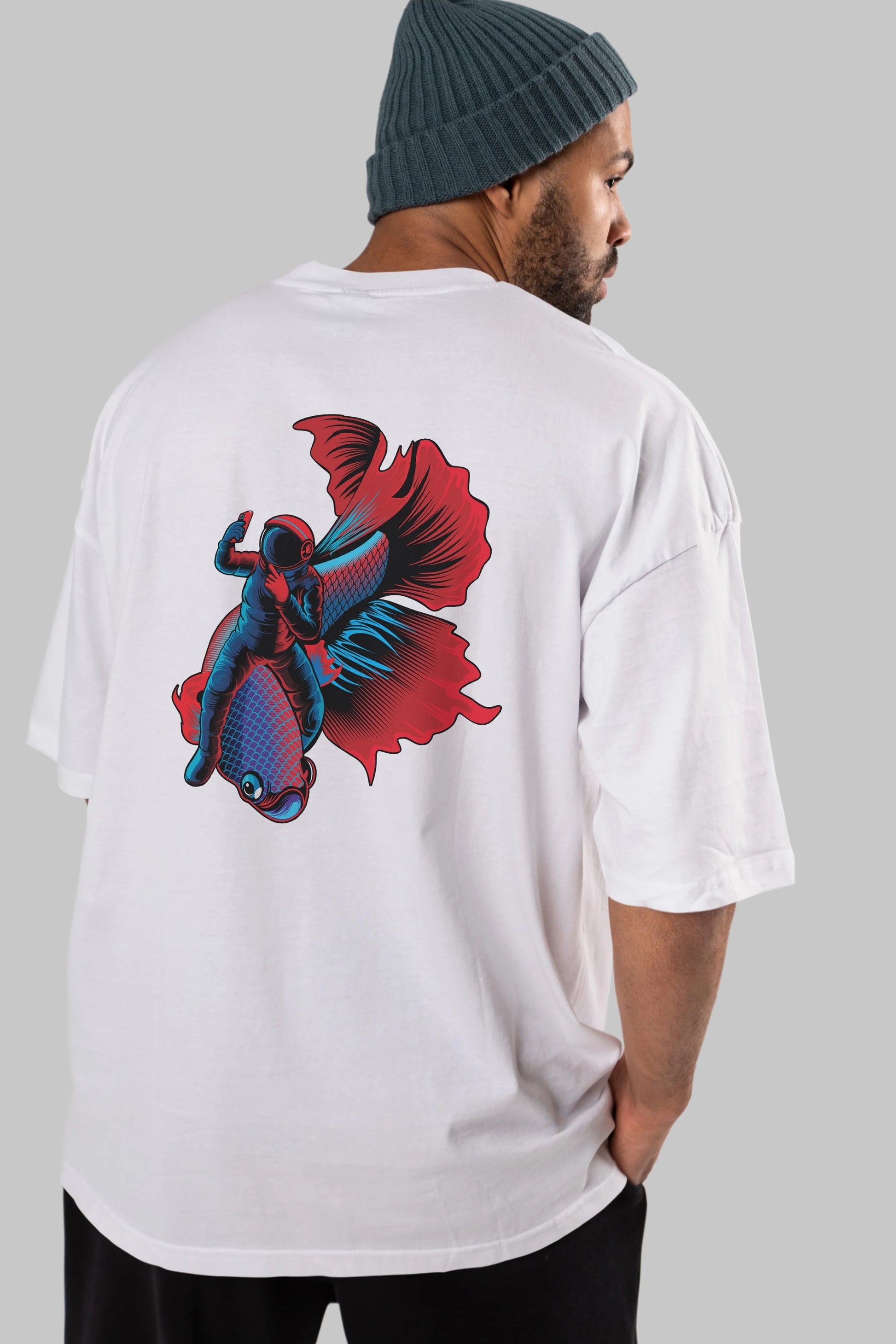 Astrofish selfie Arka Baskılı Oversize t-shirt Erkek Kadın Unisex