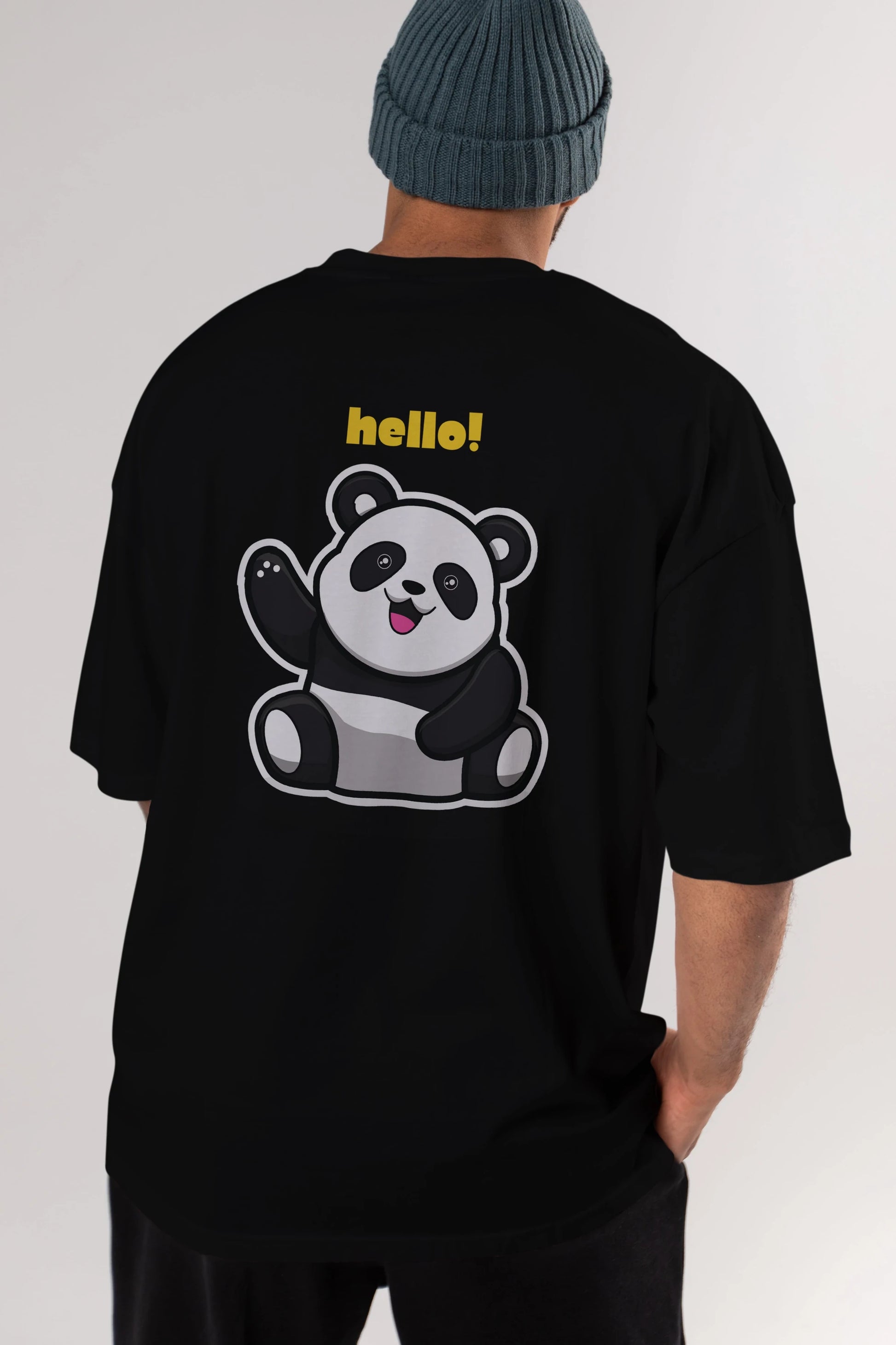 Hello Panda Arka Baskılı Oversize t-shirt Erkek Kadın Unisex