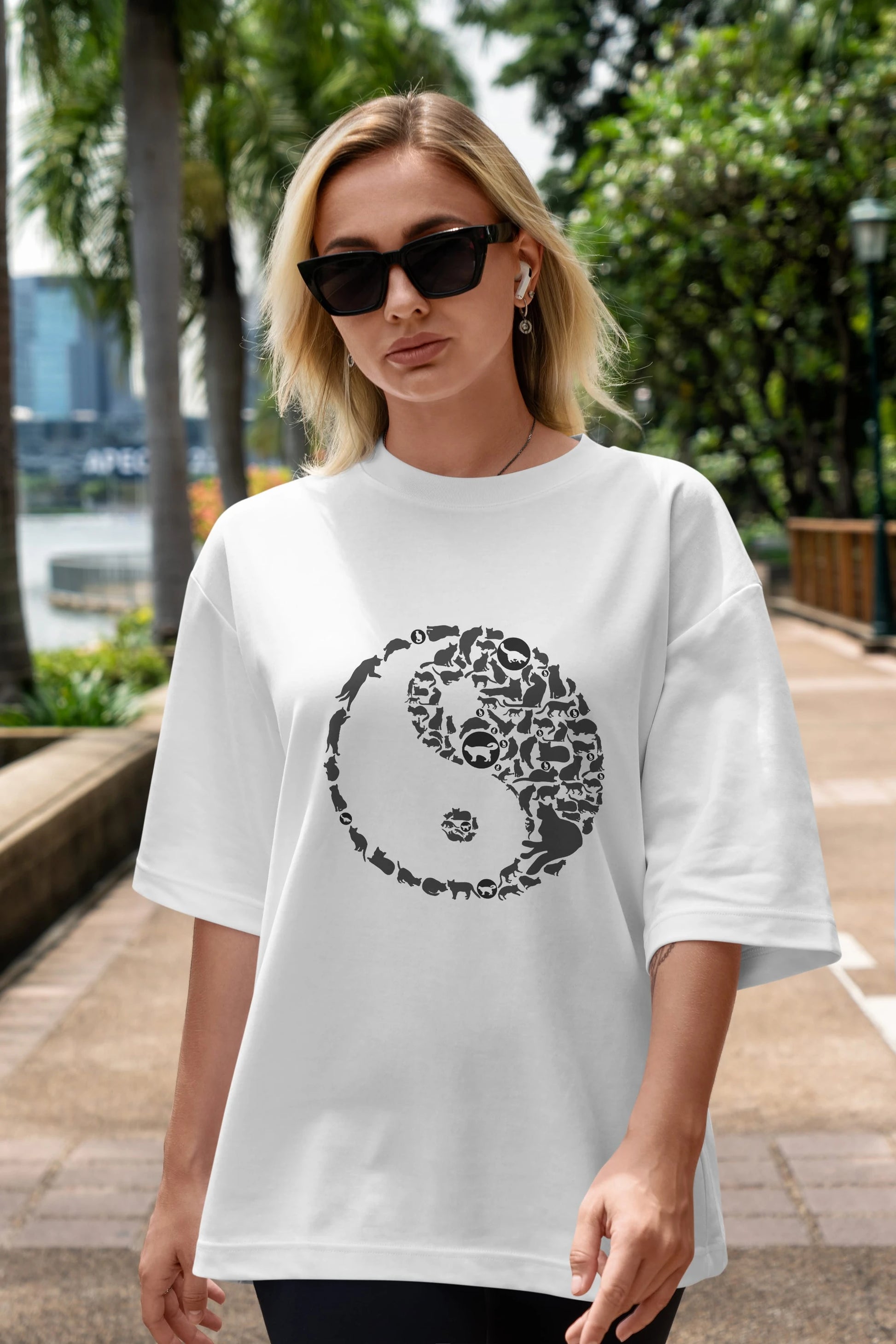 YinYang Cats Ön Baskılı Oversize t-shirt %100 pamuk Erkek Kadın Unisex
