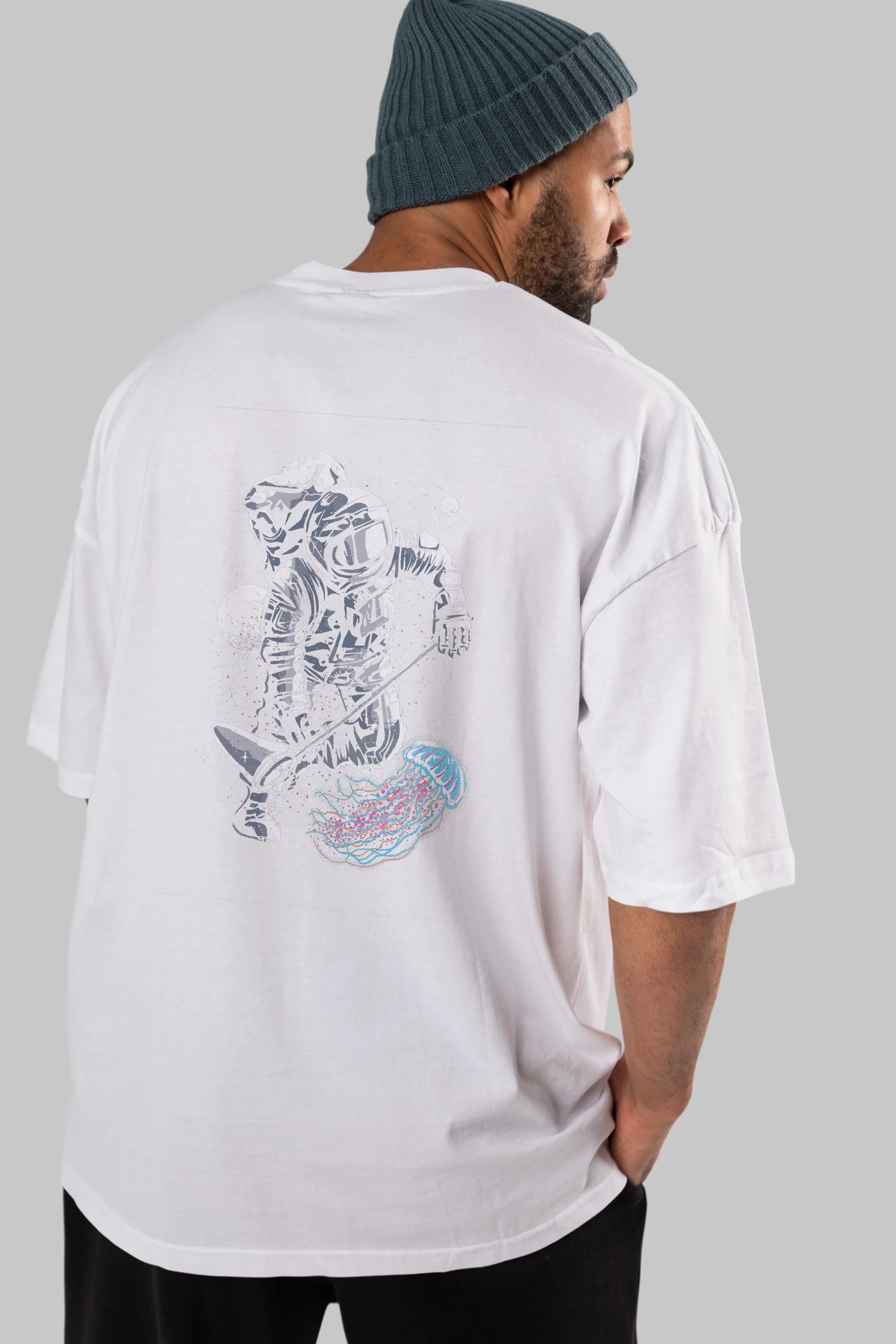 Astronaut Jellyfish Arka Baskılı Oversize t-shirt Erkek Kadın Unisex %100 Pamuk