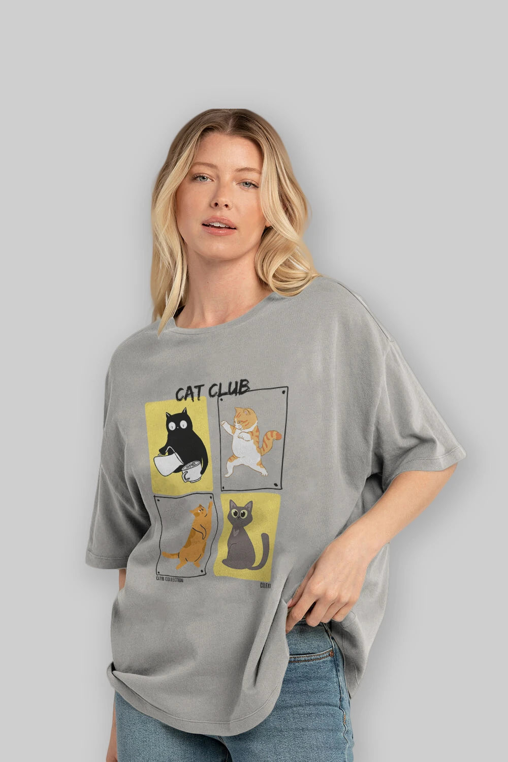Cat Club ön Baskılı Oversize t-shirt Erkek Kadın %100 Pamuk Bisiklet Yaka tişort