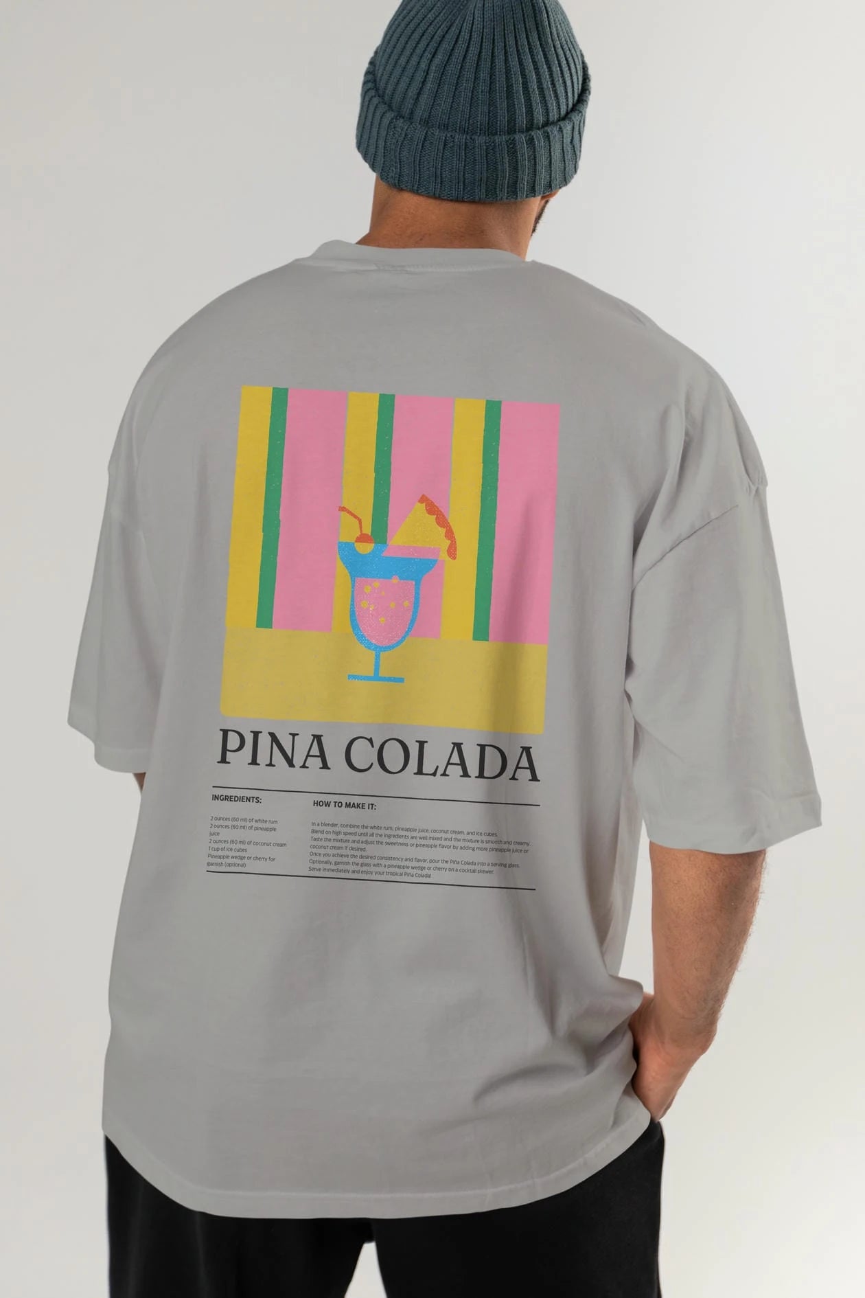 Pina Colada Kokteyl Serisi Arka Baskılı Oversize t-shirt Erkek Kadın %100 Pamuk Bisiklet Yaka tişort