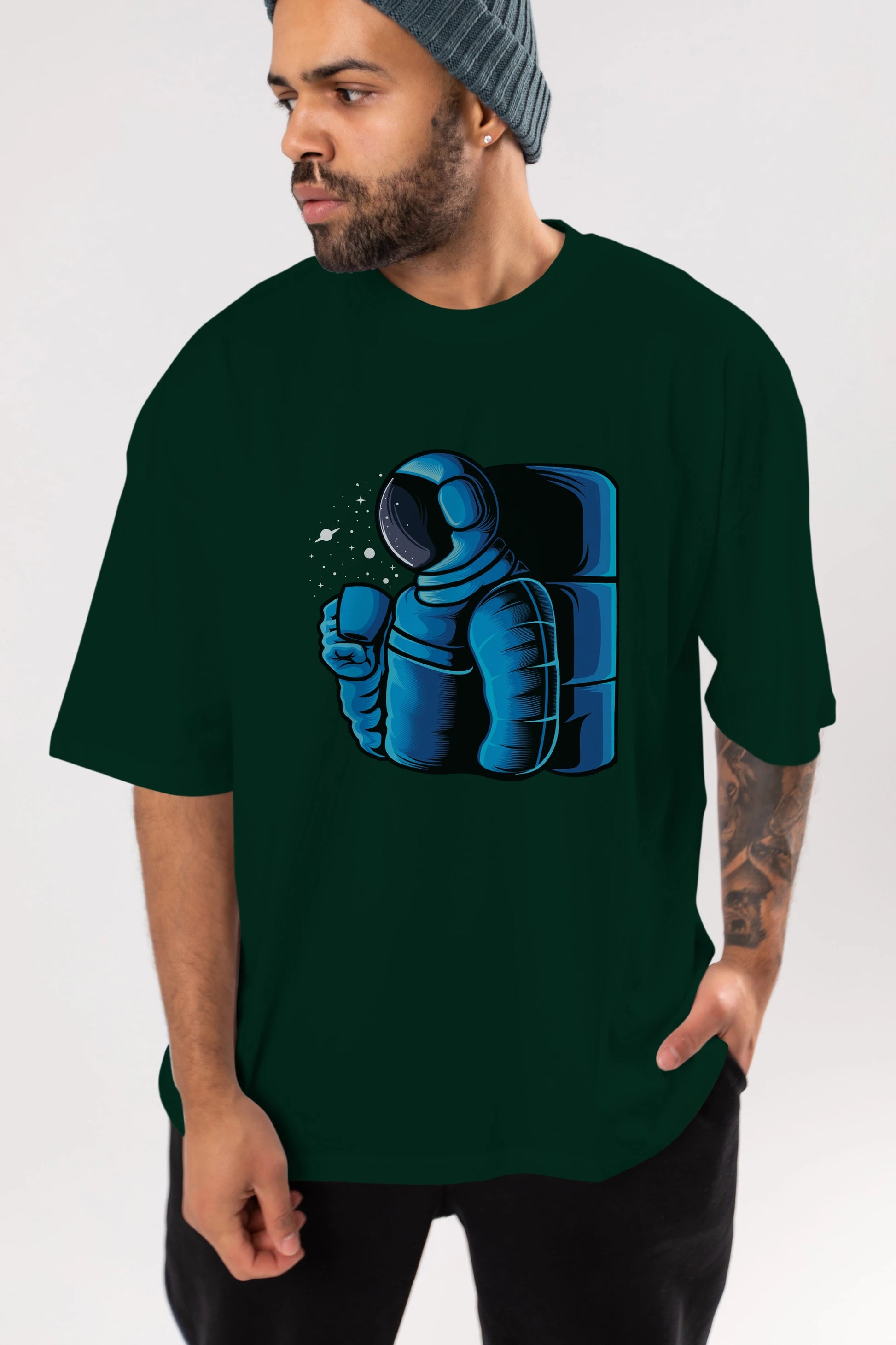 Drinking coffee in space Ön Baskılı Oversize t-shirt Erkek Kadın Unisex