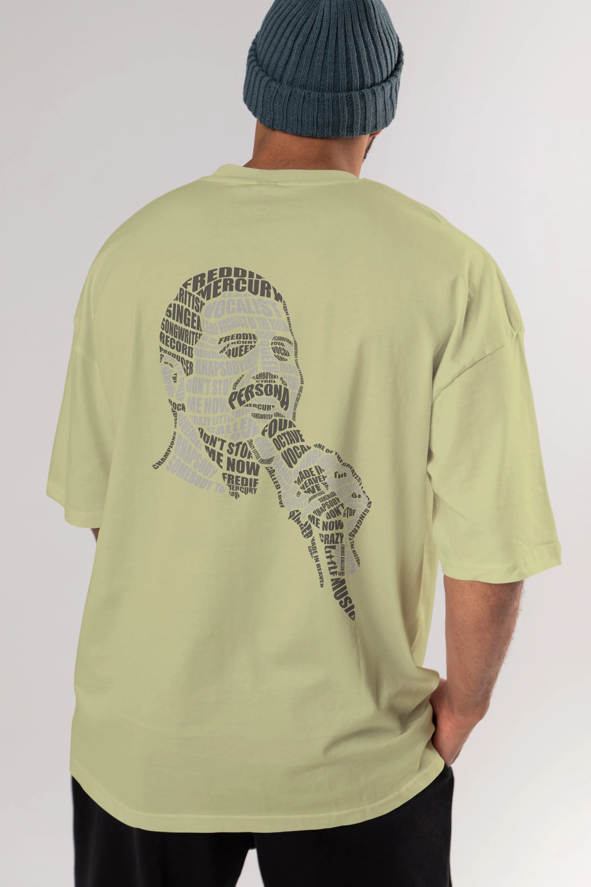 Freddy Mercuri Calligram Arka Baskılı Oversize t-shirt %100 pamuk Erkek Kadın Unisex