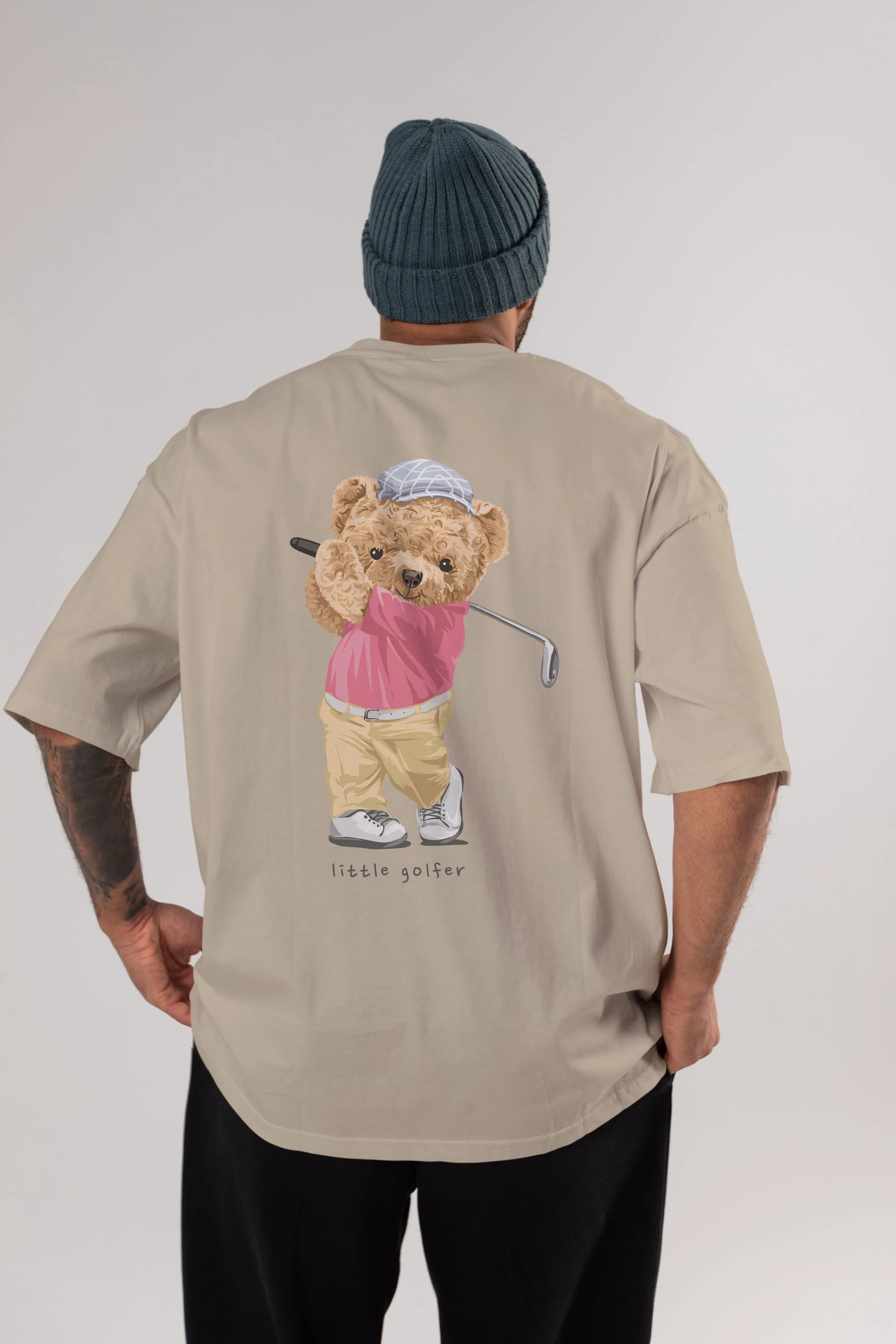 Teddy Bear Little Golfer Arka Baskılı Oversize t-shirt Erkek Kadın Unisex %100 Pamuk