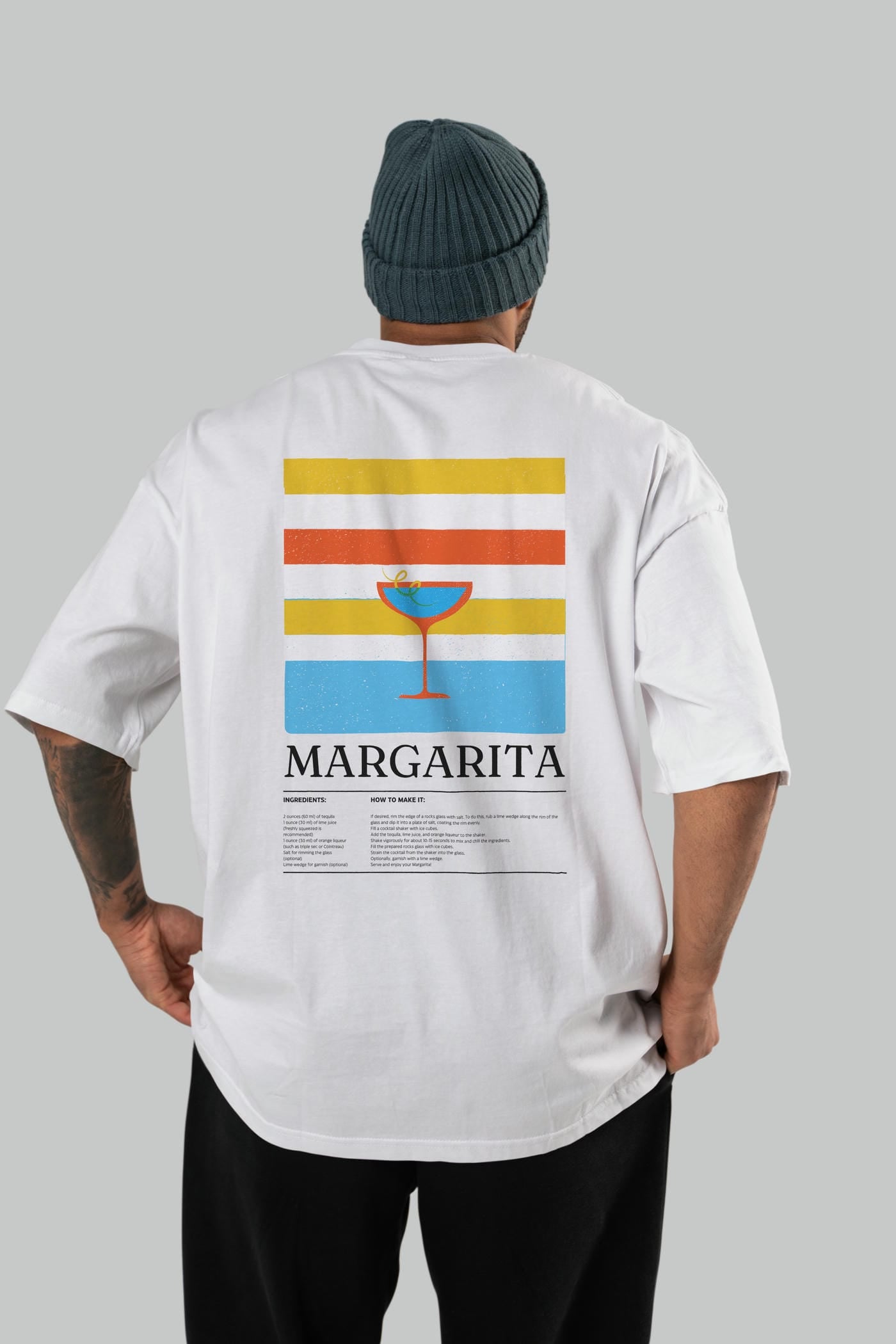 Margarita Kokteyl Serisi Arka Baskılı Oversize t-shirt Erkek Kadın %100 Pamuk Bisiklet Yaka tişort