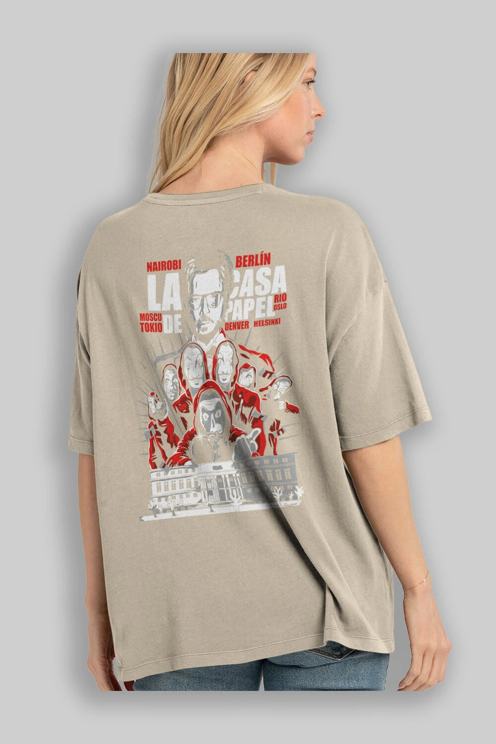 La Casa De Papel (2) Arka Baskılı Oversize t-shirt Erkek Kadın Unisex %100 Pamuk Bisiklet Yaka tişort