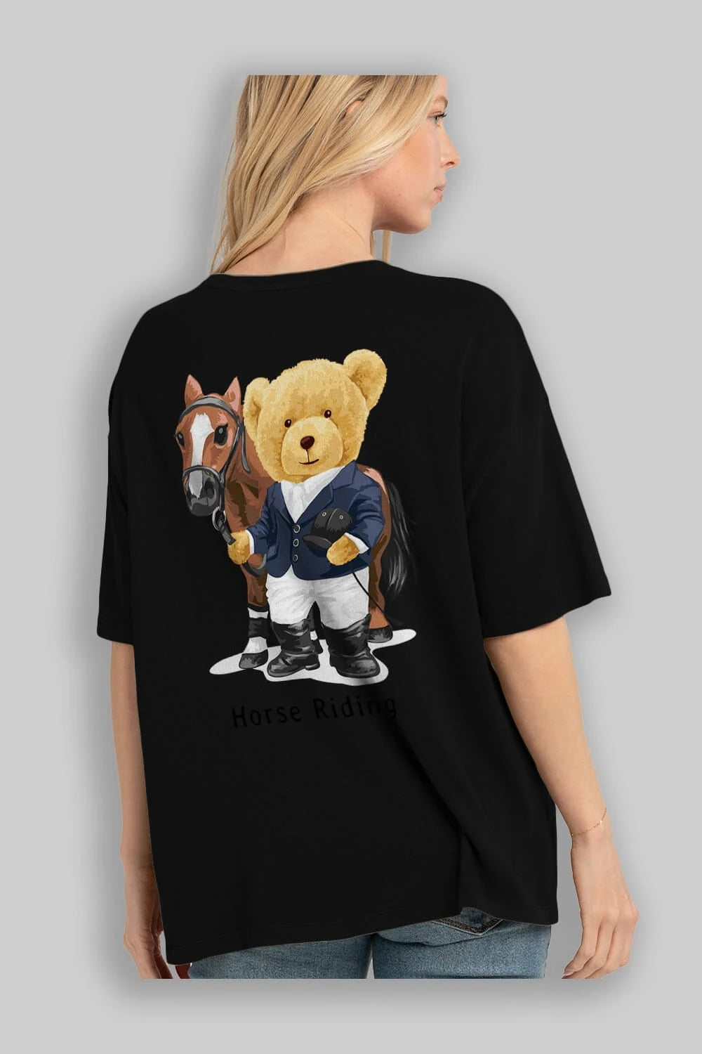 Teddy Bear Horse Riding Arka Baskılı Oversize t-shirt Erkek Kadın Unisex %100 Pamuk