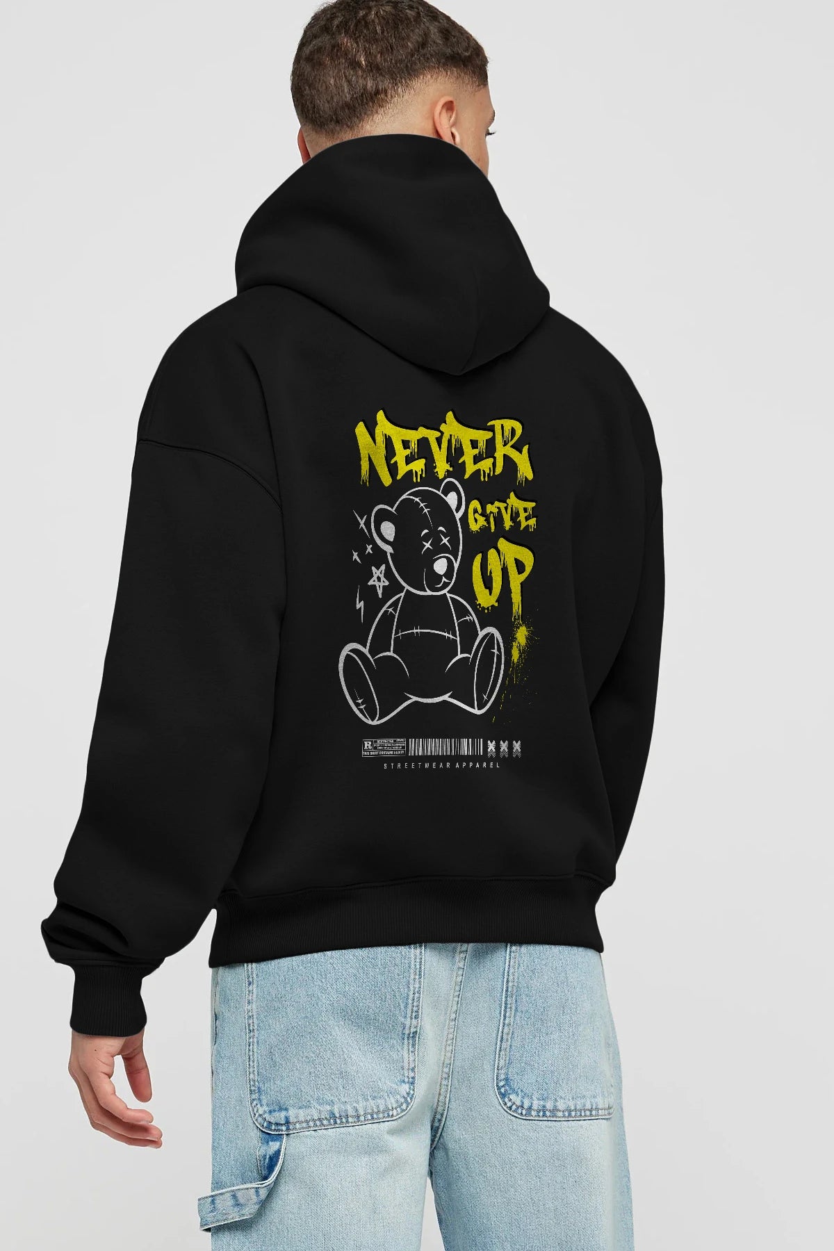 Teddy Bear Never Give Up Arka Baskılı Hoodie Oversize Kapüşonlu Sweatshirt Erkek Kadın Unisex