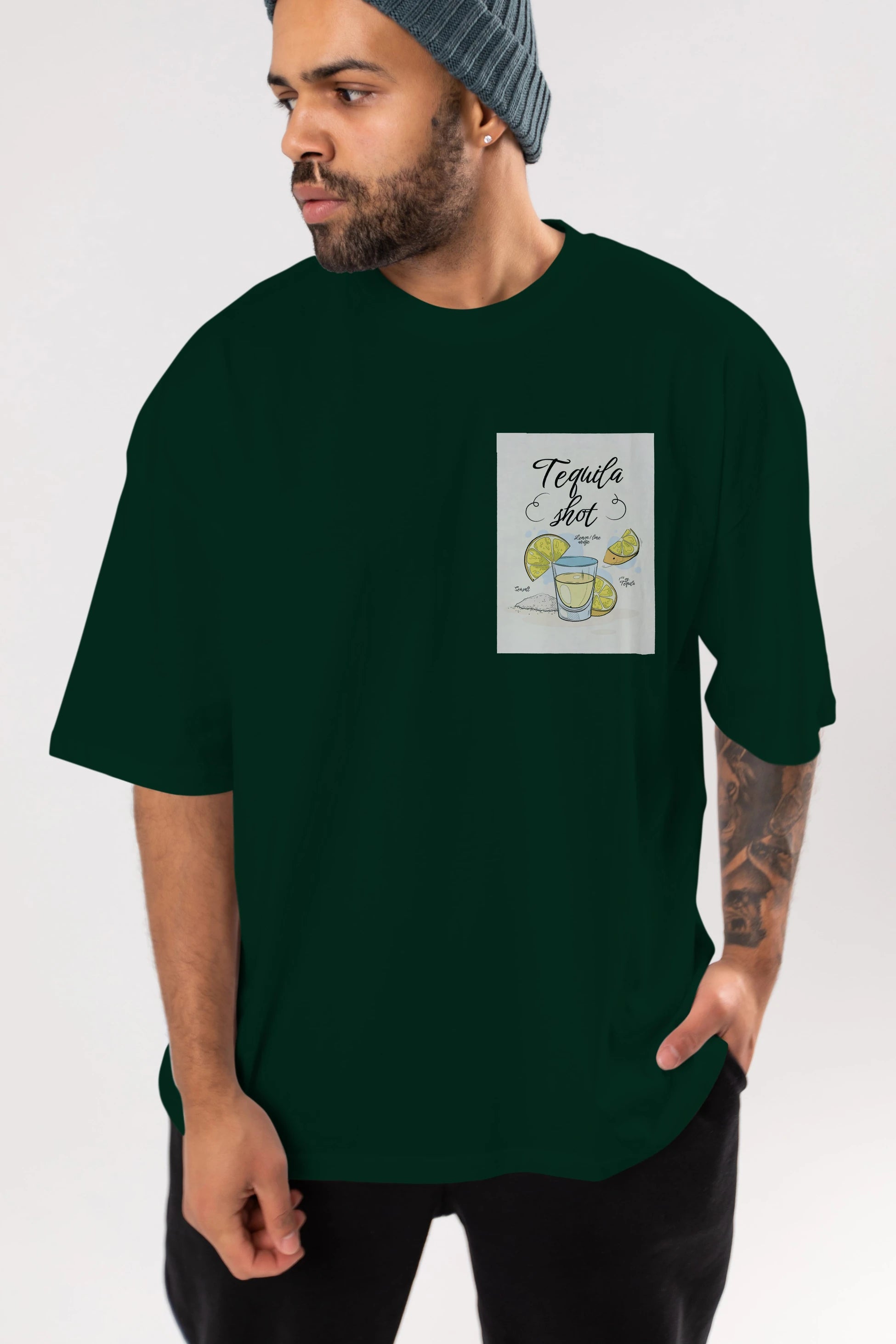 Tequila Shot Ön Sol Baskılı Oversize t-shirt Erkek Kadın Unisex %100 Pamuk Bisiklet Yaka tişort