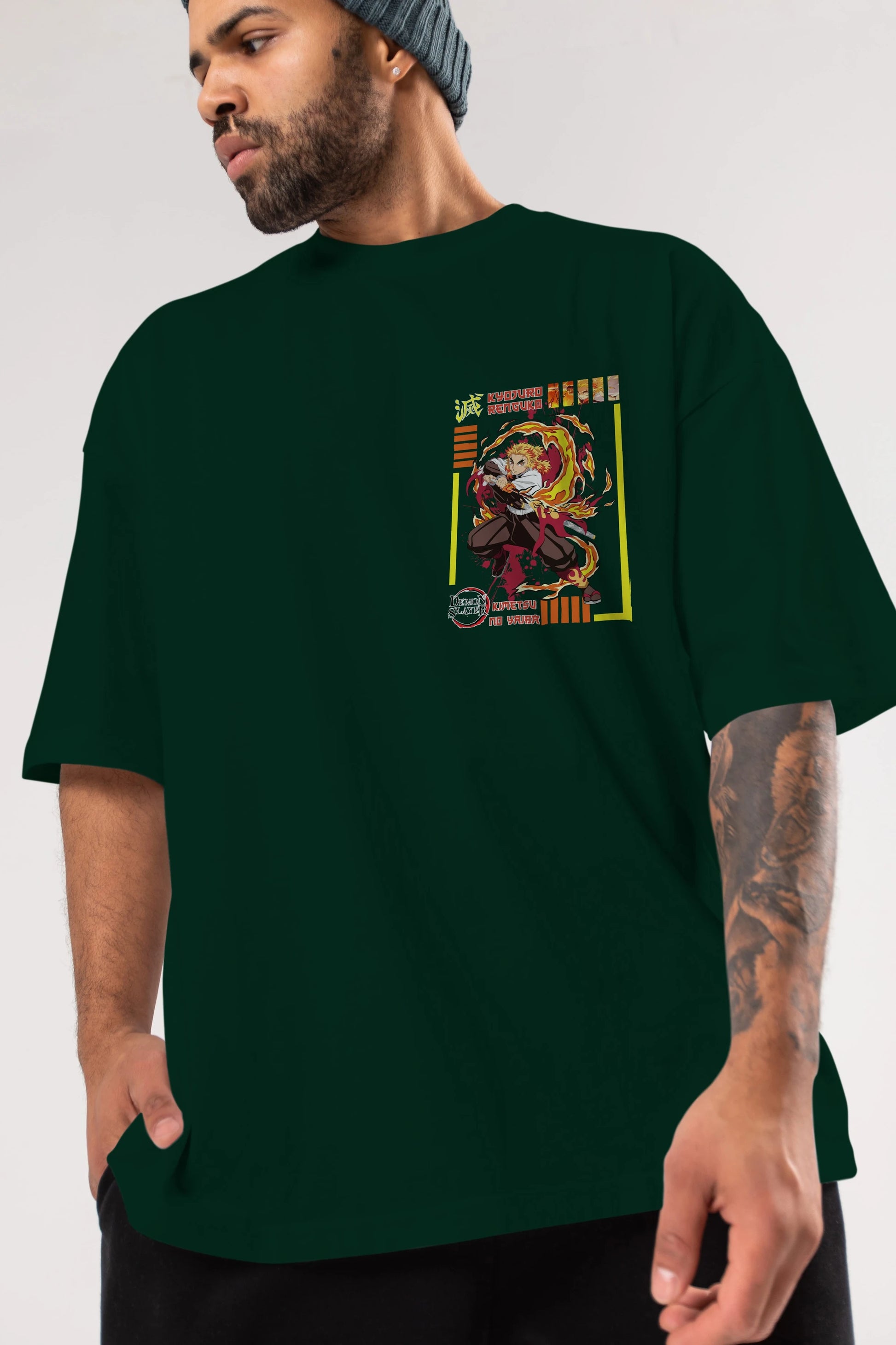 KYOJURO RENGOKU Ön Sol Baskılı Oversize t-shirt Erkek Kadın Unisex %100 Pamuk Bisiklet Yaka tişort