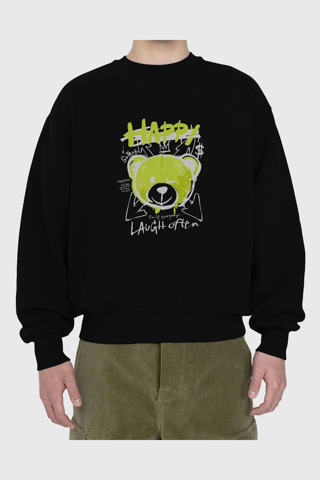 Happy Bear Ön Baskılı Oversize Sweatshirt Erkek Kadın Unisex